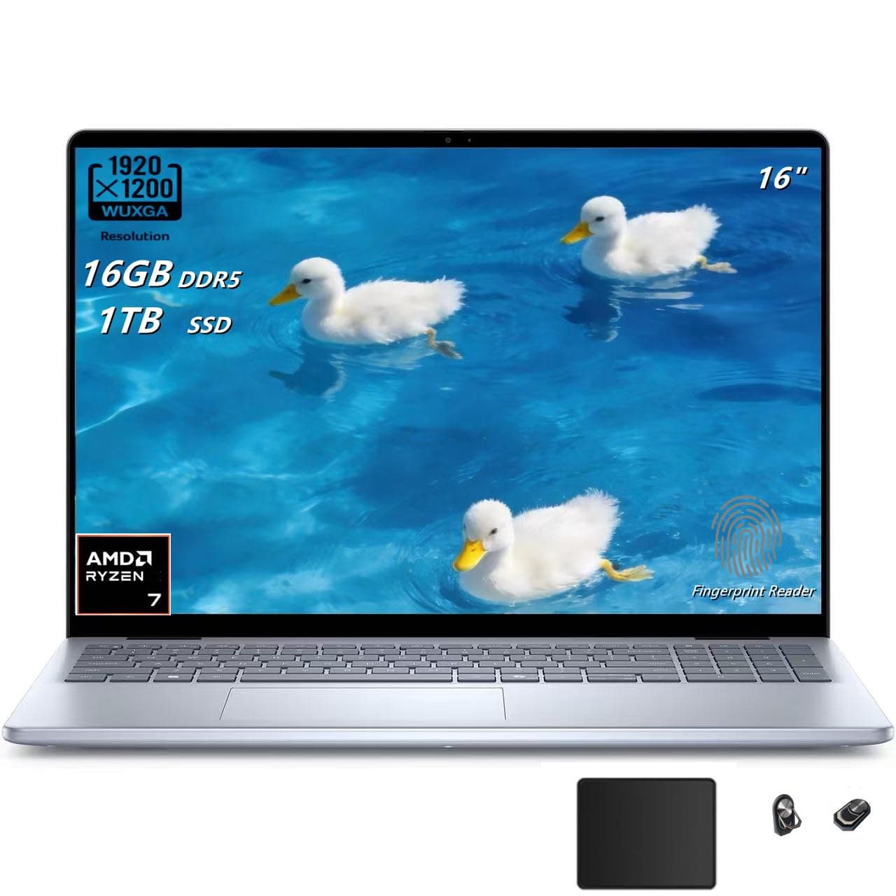 Dell Inspiron 16 Laptop,16"(1920x1200) WUXGA Display, AMD Ryzen7-8840U, 8-core, 16GB DDR5, 1TB SSD, Fingerprint Reader, Backlit KB, Windows 11, TWE Accessories
