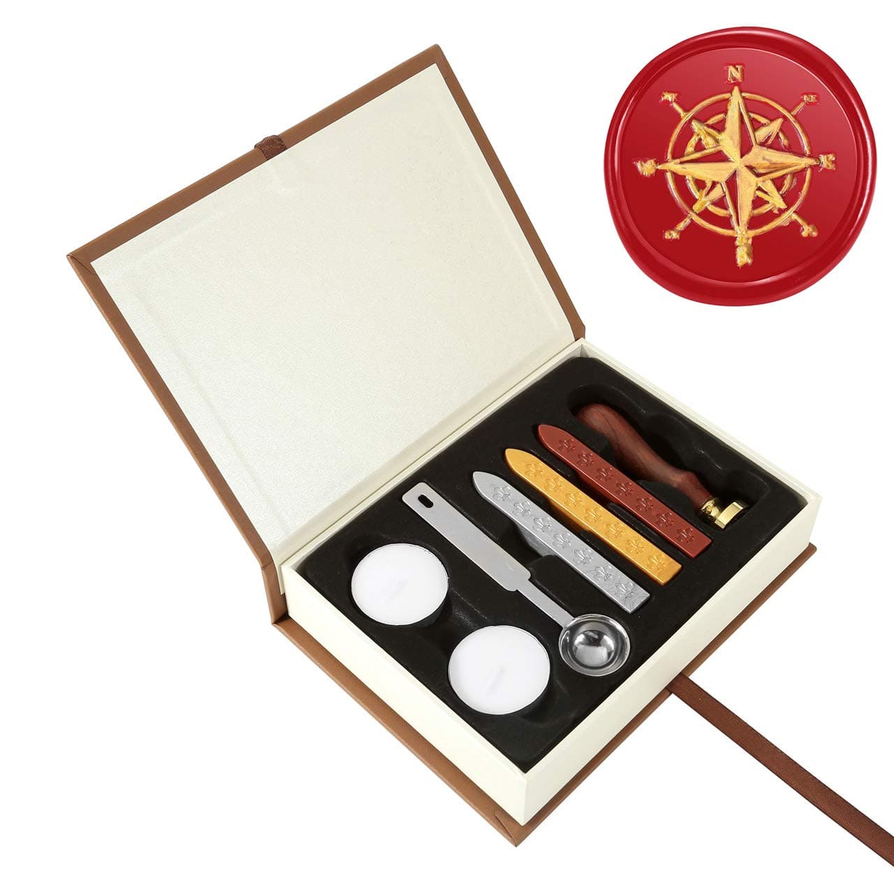 Compass Wax Seal Kit, Yoption Vintage Sealing Wax Sticks with Wicks Gift Box Set for Embellishment Cards, Envelopes, Wedding Invitations, Wine Packages, Gift Wrapping (Compass Seal Stamp Kit)