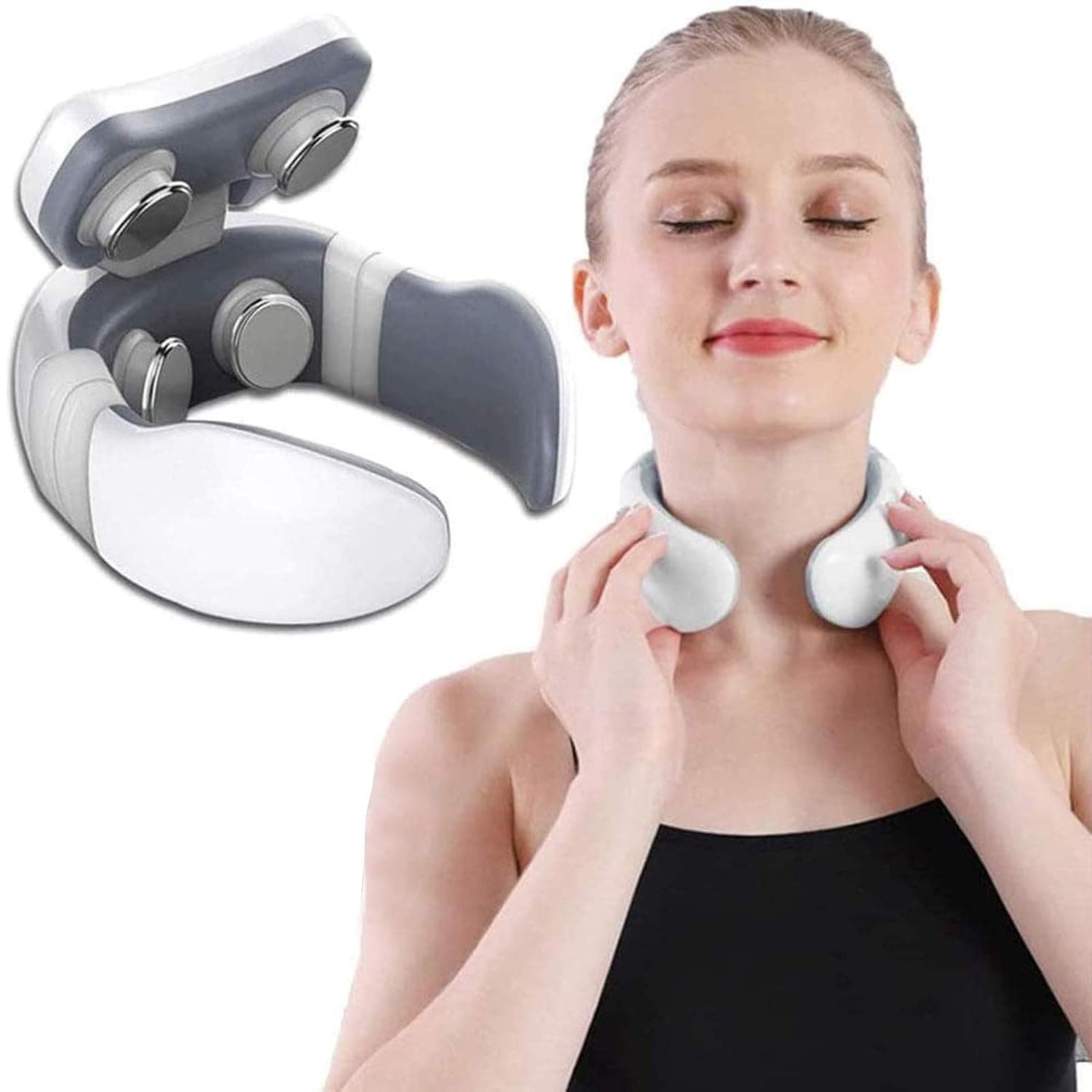 Deep Tissue Neck Massage With 4 Massage Heads And 9 Gears,Tens Pulse Neck Back Massager With Heating Function Cervical,Vertebra Microcurrent,Suitable For Stress Relief And Relaxation,White