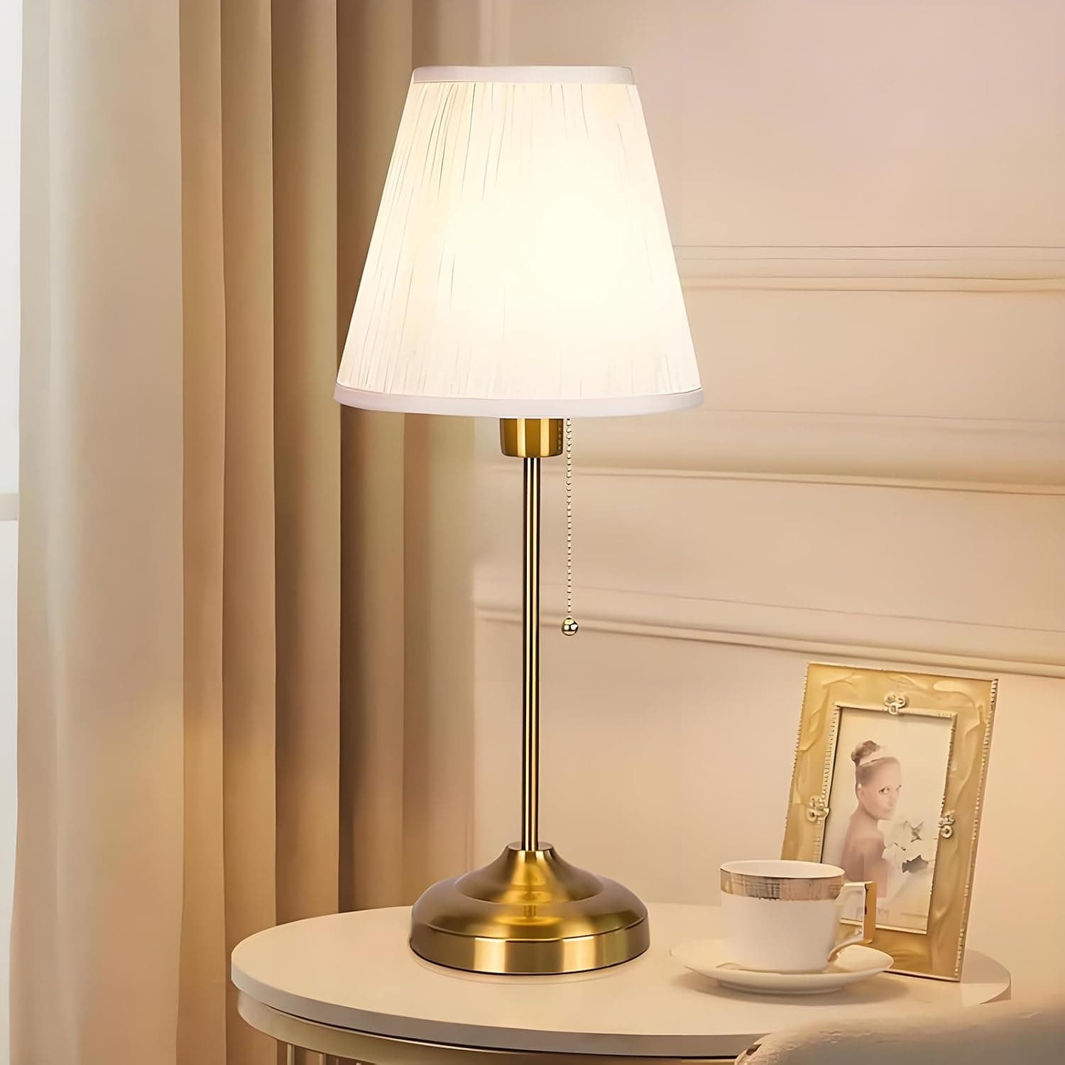 Desk Lamp, Portable Metal Table Lamp, Fabric Shade Desk Lamps, Electroplated Brass Stem with Brass Base, LED Desk Lamp for Bedroom Nightstand, Dining Room, Living Room, Kitchen, Bathroom
