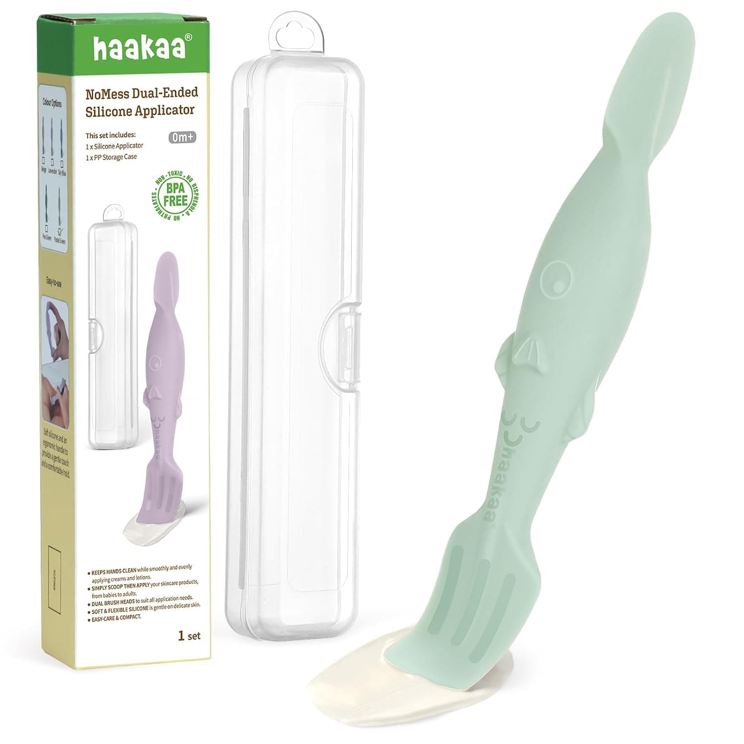 haakaa Baby Diaper Cream Spatula, NoMess Dual-Ended Silicone Diaper Rash Cream Applicator with Hygienic Case, Butt Spatula for Baby, Pastel Green | Dual-ended Silicone Diaper Cream Applicator, Soft and Firm Heads, Mess-Free Application, Hygienic Travel Case