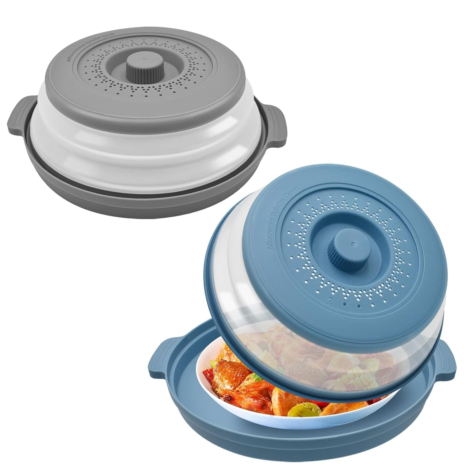 2-in-1 Collapsible Microwave Splatter Cover with Base Tray, Vented Lid with Handle for Plates and Bowls, BPA-Free Foldable Splatter Guard and Colander for Kitchen Use – Grey & Blue