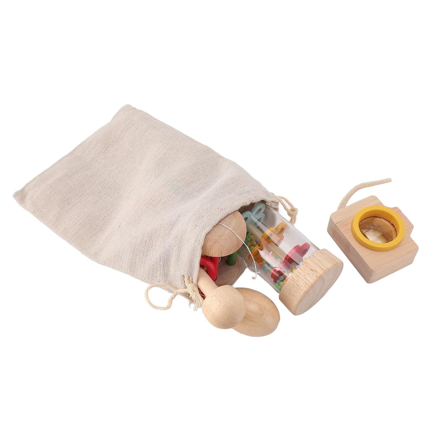 Cryfokt Wooden Baby Rattle, 6 Pieces Sensory Training Toys for Newborn, Rain Sound Maker Set with Handbell Shaker for Babies 0-12 Months to Improve Hand Eye Coordination and Cognitive