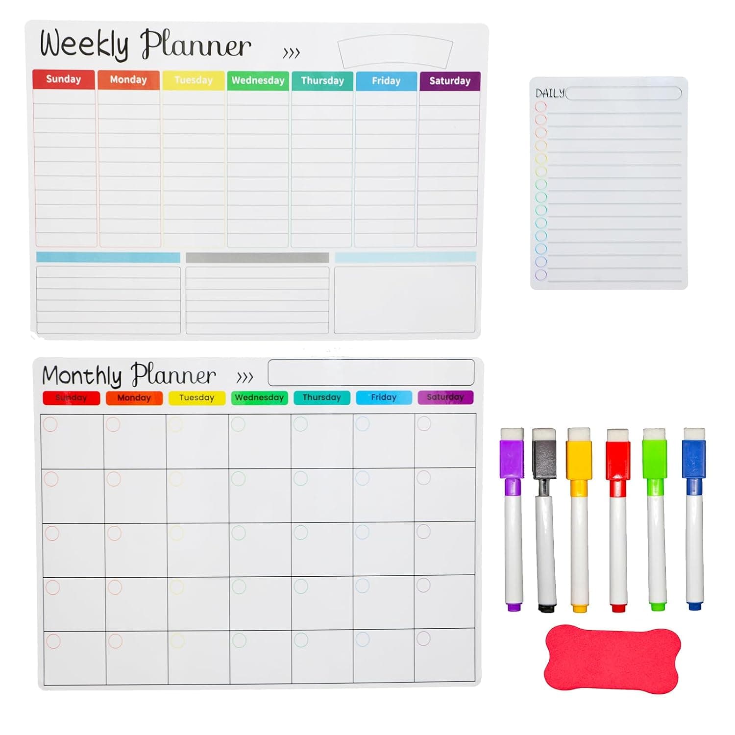 3-Pack Magnetic Monthly, Weekly & Daily Planners Dry Erase Calendar Set for Fridge, Refrigerator, and Wall Organization with 6 Markers, Eraser Back Magnets for Easy Removal(16.5" x 11.7")