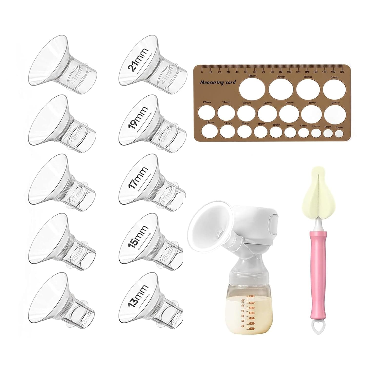 Flange Sizing Kit, 12PCS Silicone Flange Inserts for 24mm Breast Pump Shields, 13/15/17/19/21mm Flange Inserts with Nipple Measuring Tool and Cleaning Brush, Breast Pump Accessories