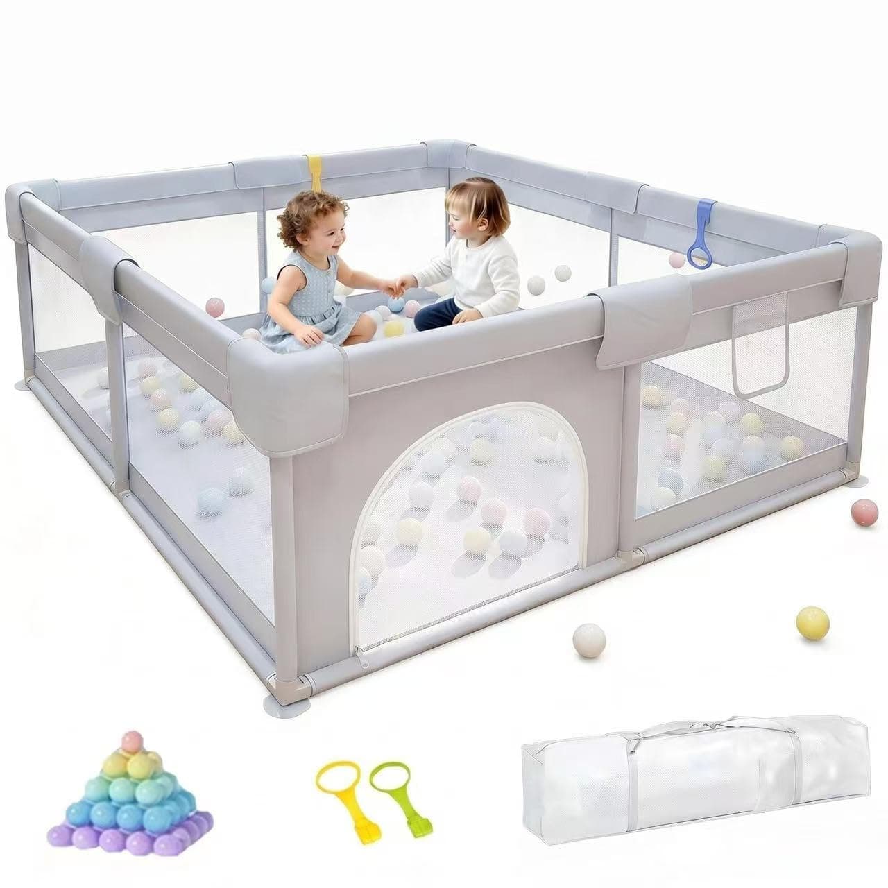Foldable children's play box, suitable for indoor fences for young children, with a storage bag, 2 pull rings and 60 ocean balls (200 × 180 × 65 cm), (gray)