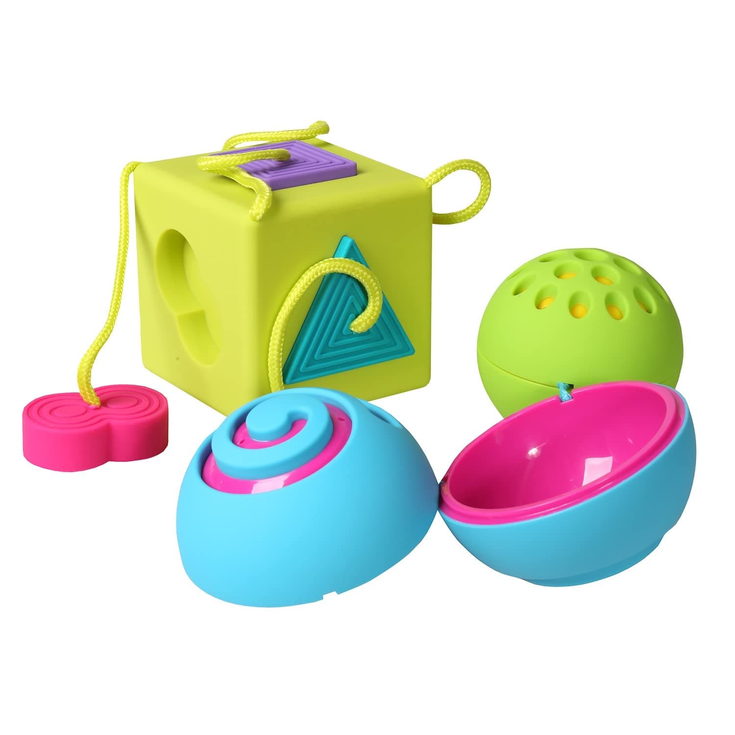 Fat Brain Toys Oombee Bundle - Nesting Ball and Oombee Cube Shape Sorter Combo, 2 PC BPA-Free Baby Toy Set, Includes Zippered Storage Bag