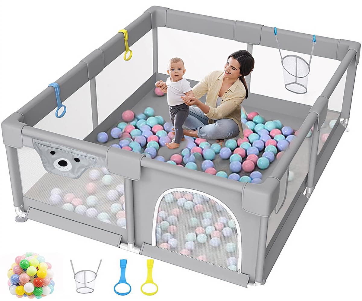 VINNYSEN Baby Playpen, 200 * 180cm Playpen for Toddlers, with Door and Suction Cup, Baby Safe Activity Center, Large Playpen, Baby Bumper Foam with Breathable Mesh, Safe for Toddlers
