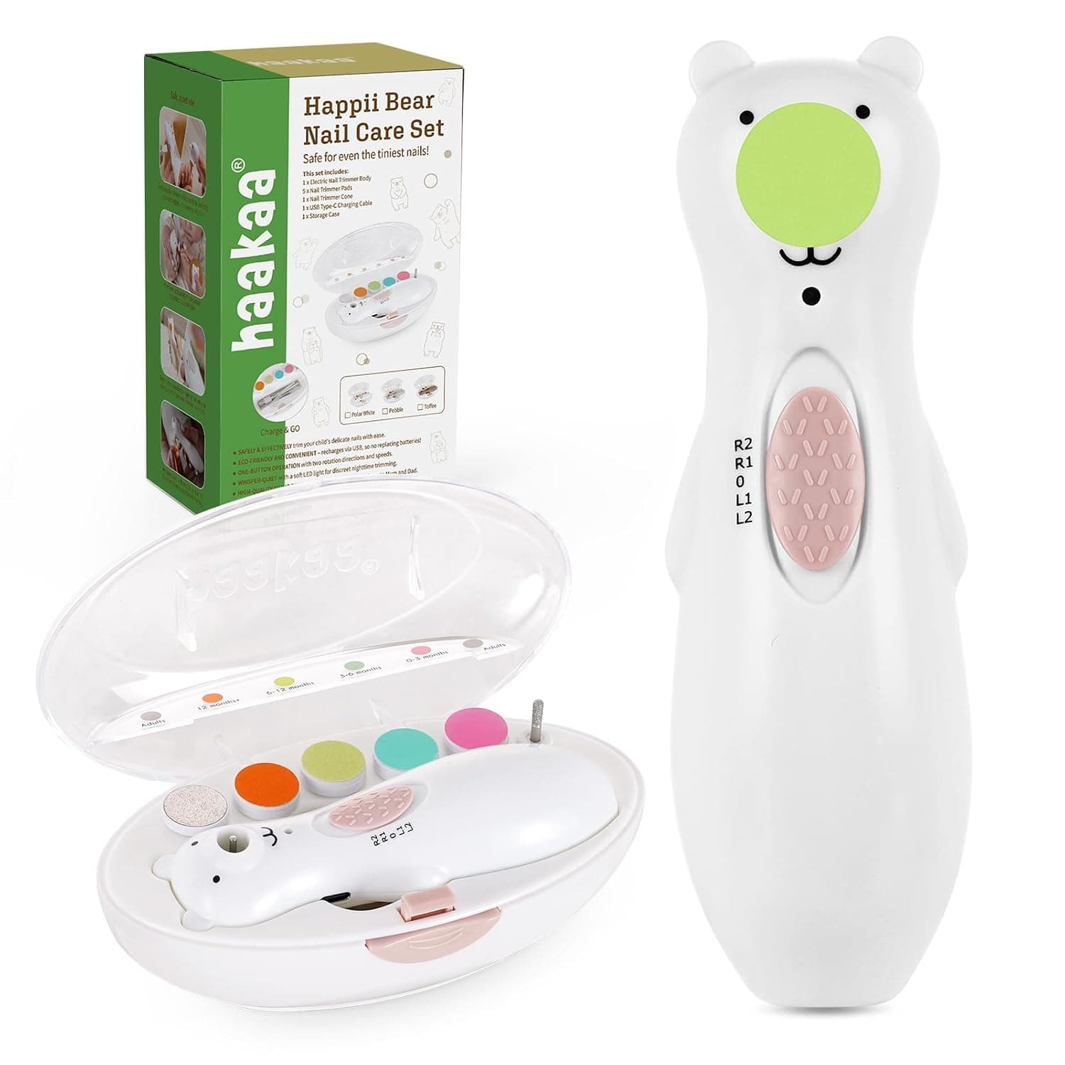 HAAKAA Happii Beer USB Rechargeable Electric Baby Nail Trimmer, Automatic Baby Nail Clipper with 6 Grinding Head and LED Light for Newborns, Toddlers or Adults, Happii Bear Nail Care