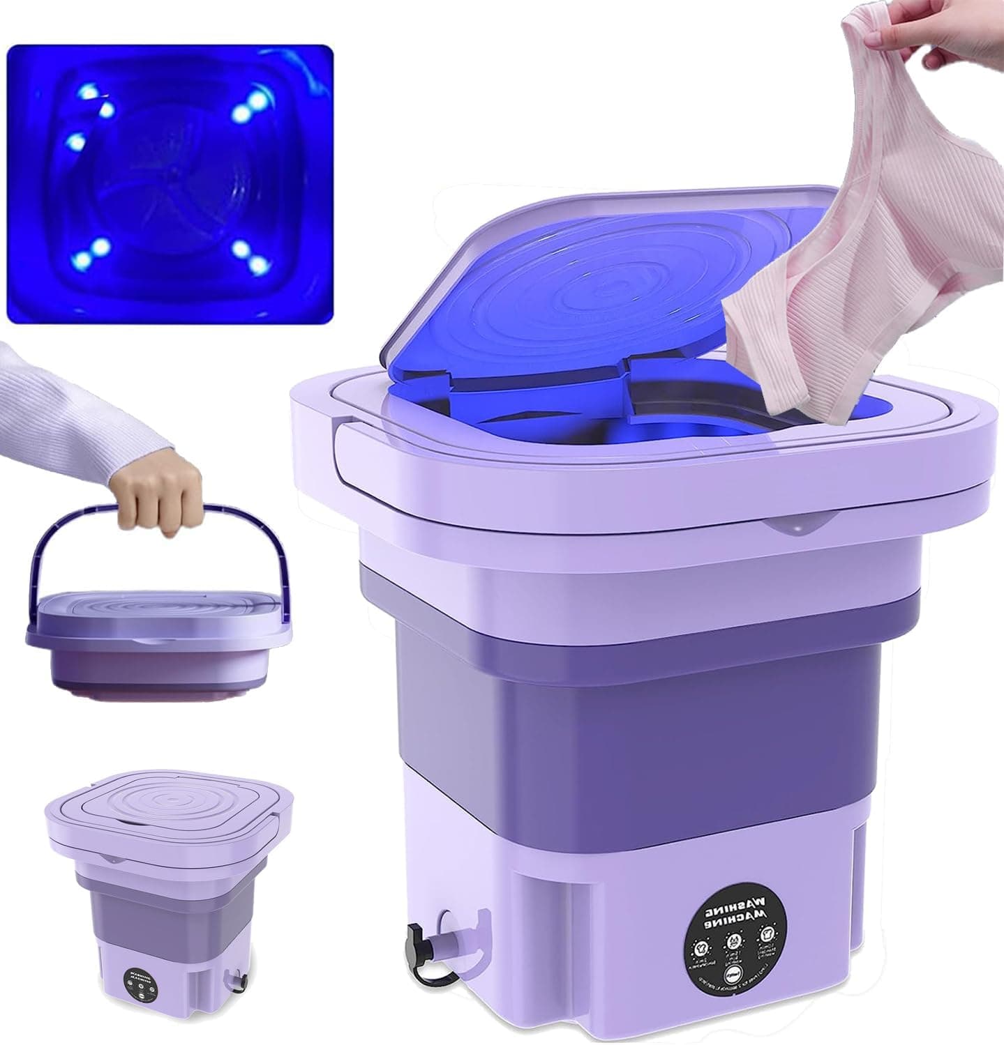 Portable Foldable Washing Machine, 8L High Capacity Mini Washer with 3 Modes Deep Cleaning Half Automatic Washt, UV Washing Machine with Soft Spin Dry for Socks, Baby Clothes, Towels (Purple)