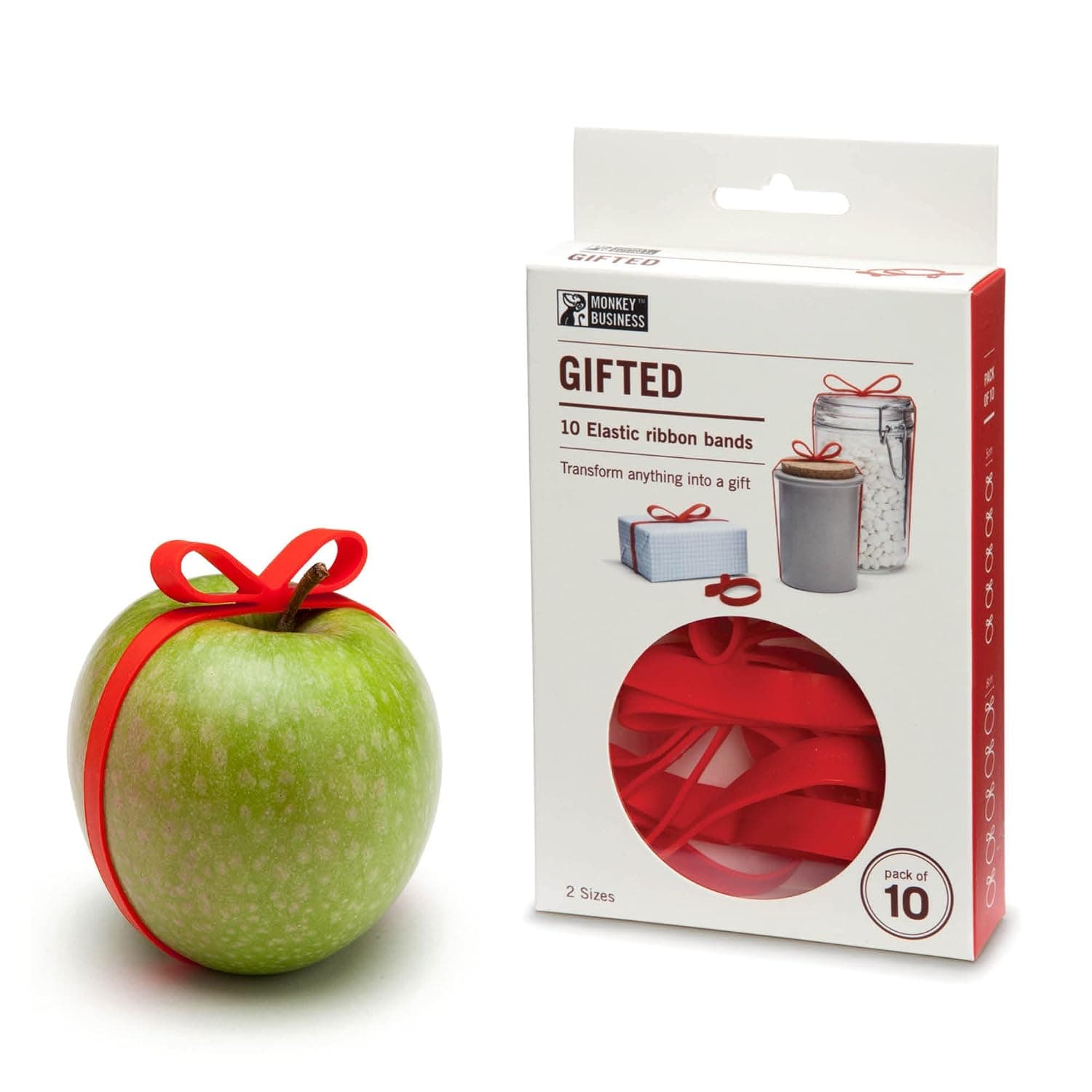 Monkey Business Gifted RED: Elastic Silicone Ribbon Bands for Gift Wrapping/Presents Packaging Solution by /Pack of 10