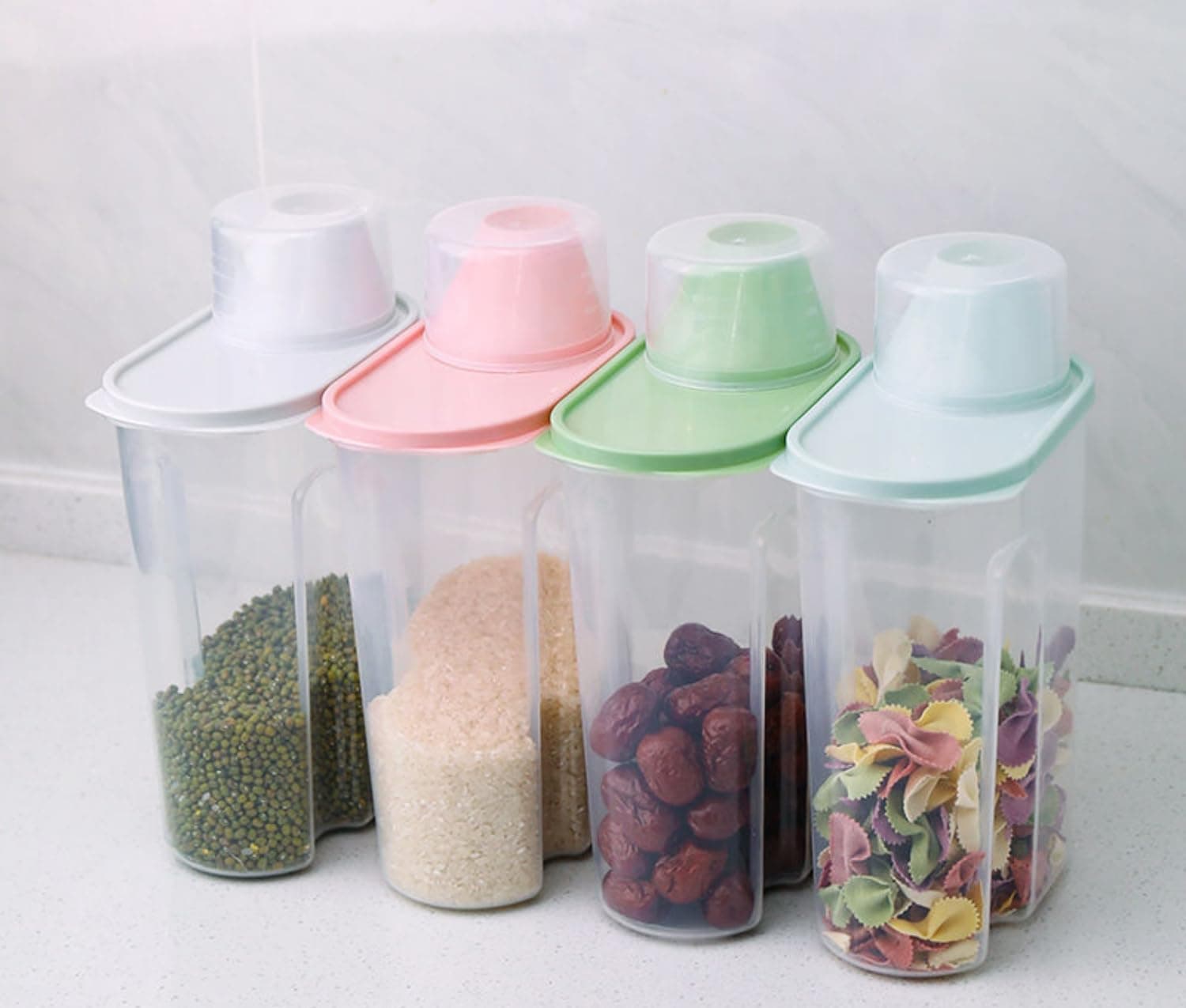 SKY-TOUCH 4pcs Cereal Containers with Measuring Cup, 2.5L Food Storage Containers, Kitchen Pantry Airtight Plastic Storage Organizer, Food Grade and BPA Free, for Cereal, Dry Food, Flour and Sugar