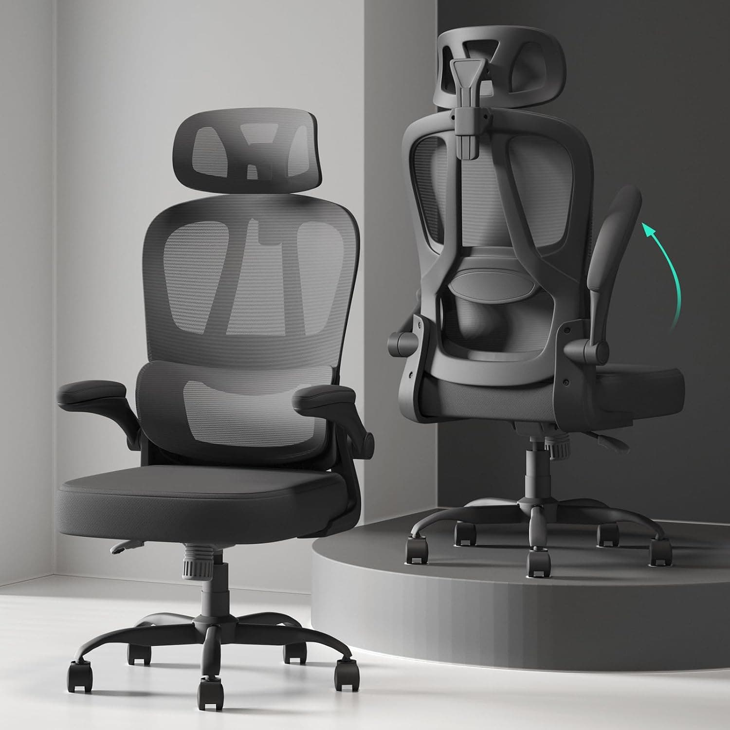 Office Chair Ergonomic Office Chairs with Flip-Up Arms & Headrest, Breathable Mesh Desk Chair for Home Office, Adjustable Height PC Work Chair with Lumbar Support, 350lbs Capacity, Black