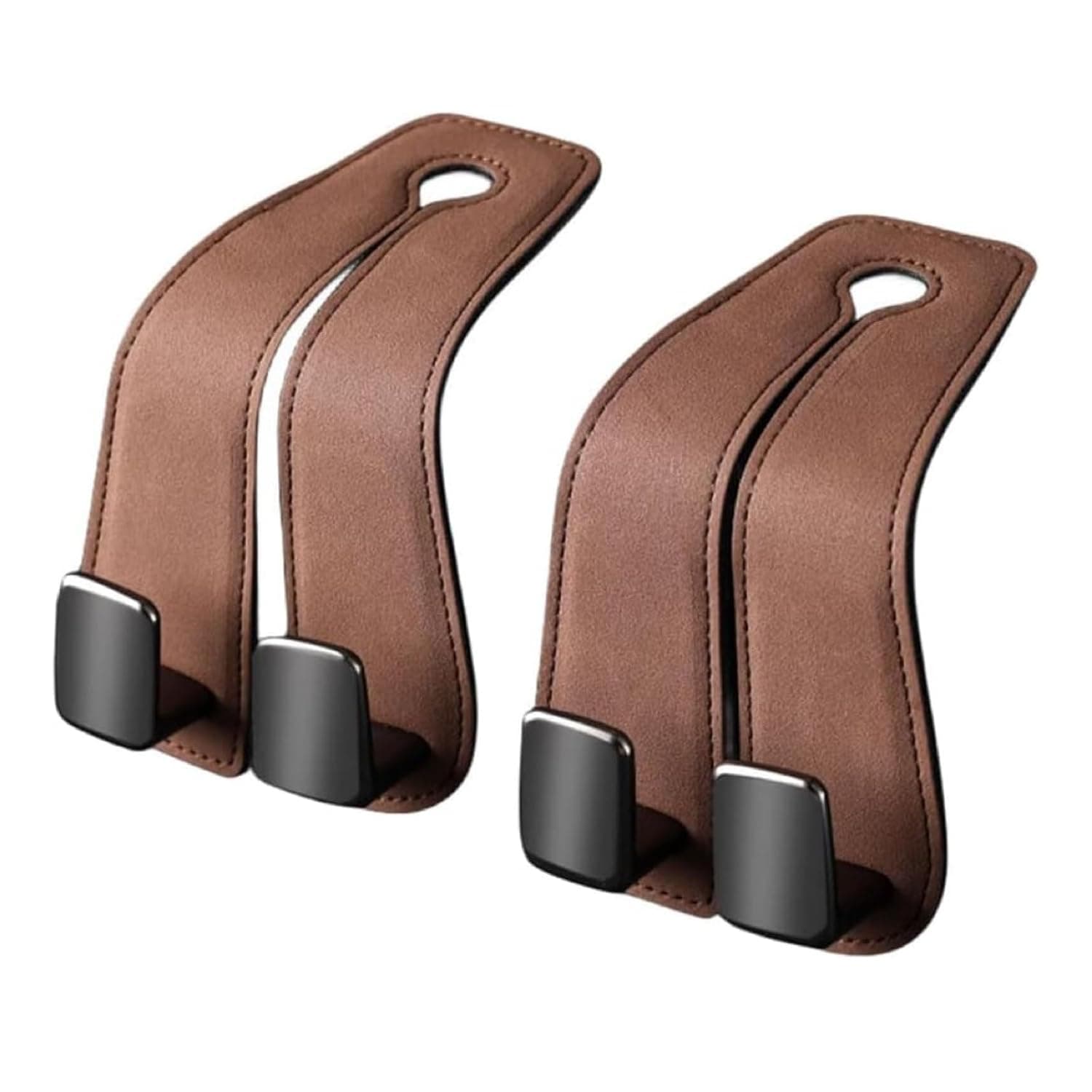 Leather Car Headrest Hooks, Heavy Duty 2-in-1 Double Hooks, Vehicle Organizer for Purses, Groceries, Coats, Umbrellas - Keep Car Tidy, Brown 2PCS