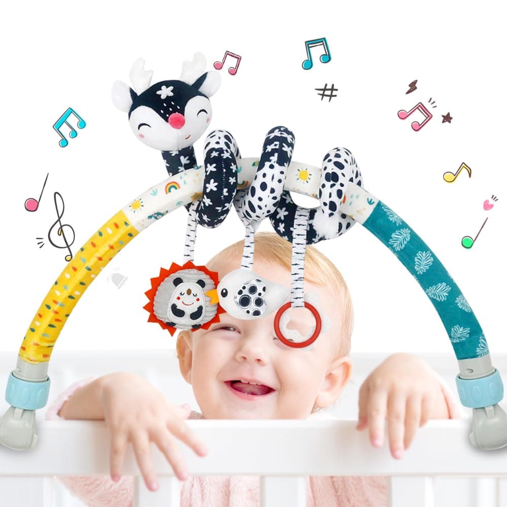 caterbee Baby bjorn bounce arch toy bar, Black and White with Stretch & Spiral Hanging Activity Set, Adjustable Clamp for Strollers, Cribs & Car Seats, Includes Rattles, Squeaker & Teether (Deer)