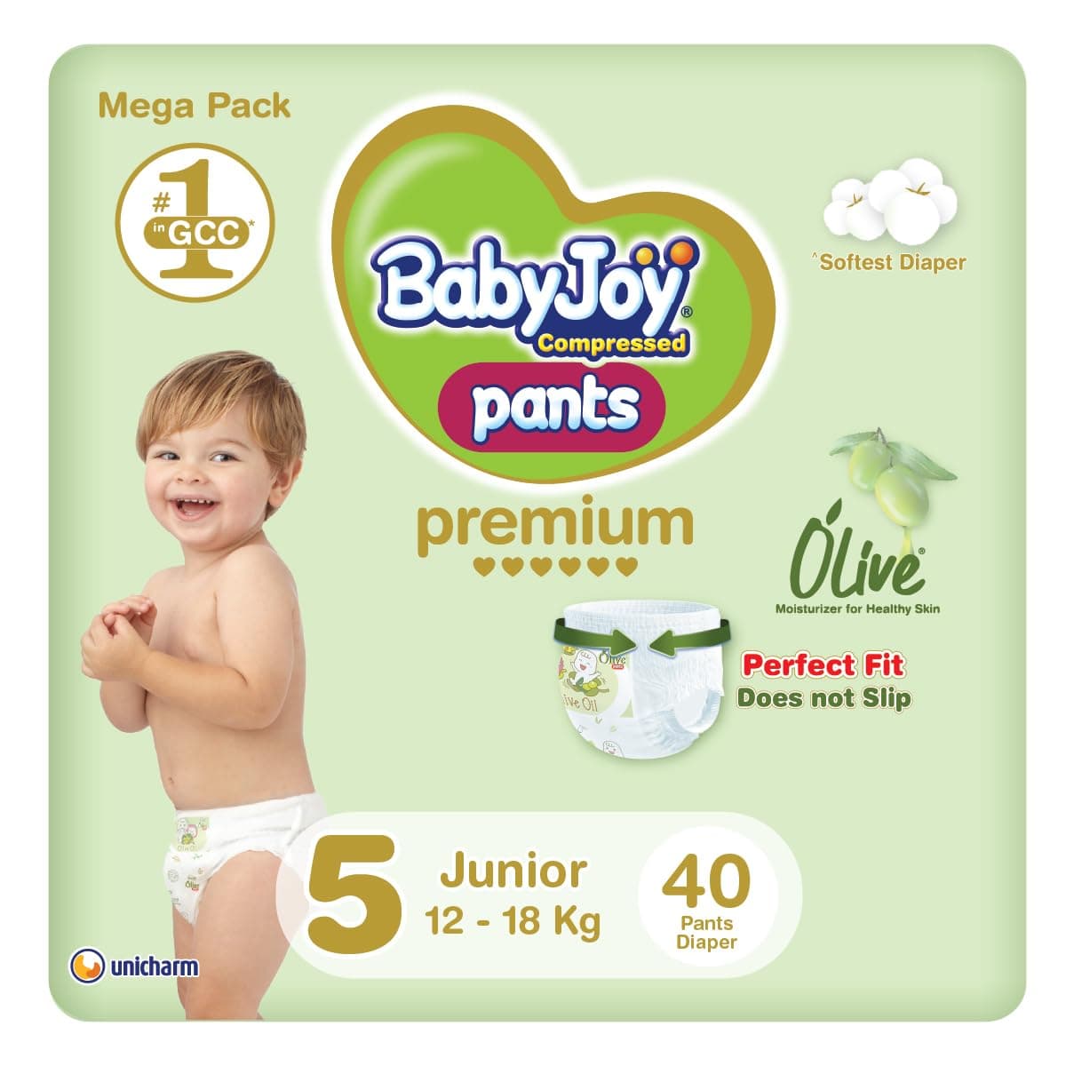 Babyjoy Olive Pants, Size 5 Junior, Mega Pack, 12-18 Kg, 40 Count