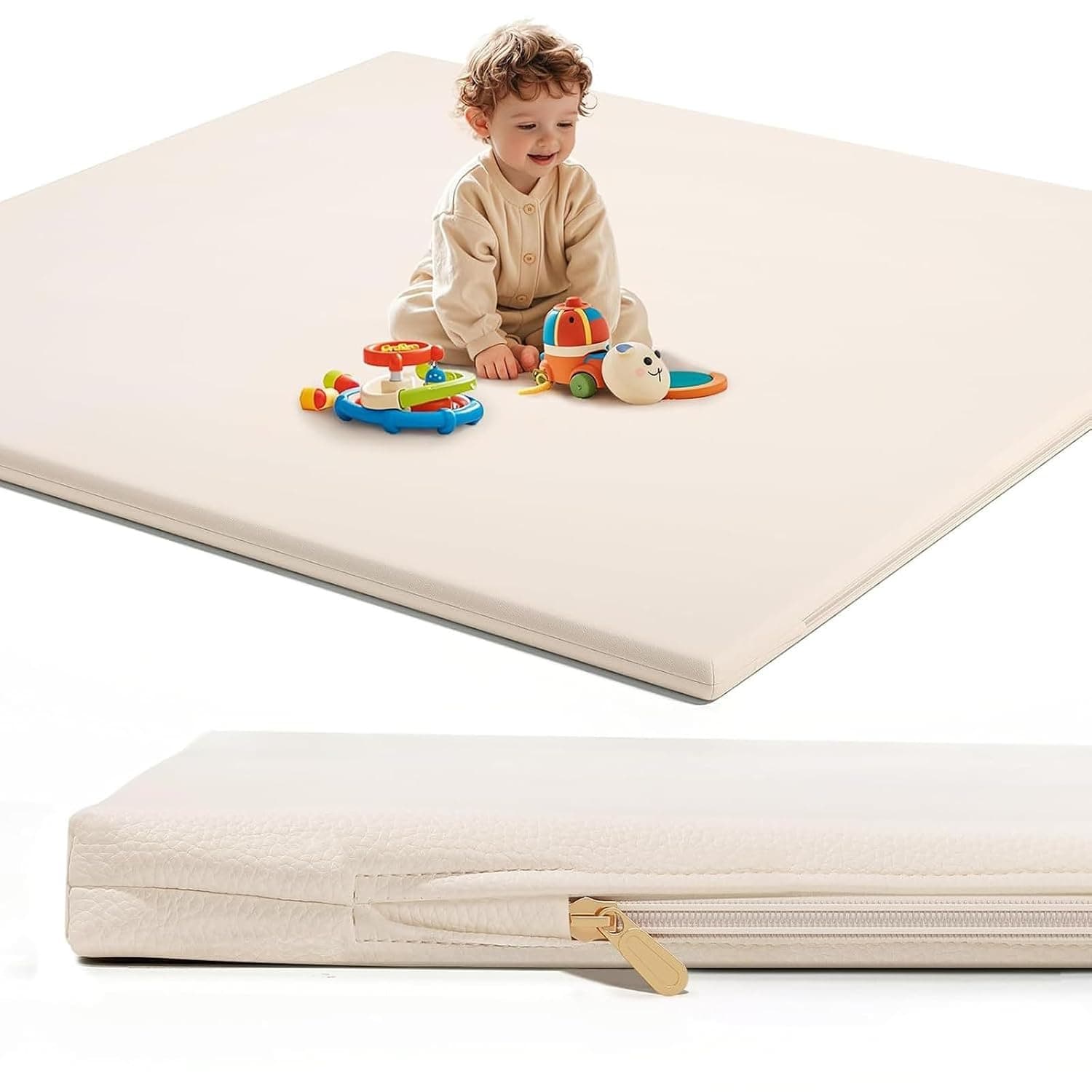 Beauenty Stylish Baby Play Mat for Boys or Girls - 120 * 120 * 3cm, Made of Extra Thick, Super Soft Synthetic Leather, Waterproof, Non-Slip and Easy to Clean. (style1) (Beige2)