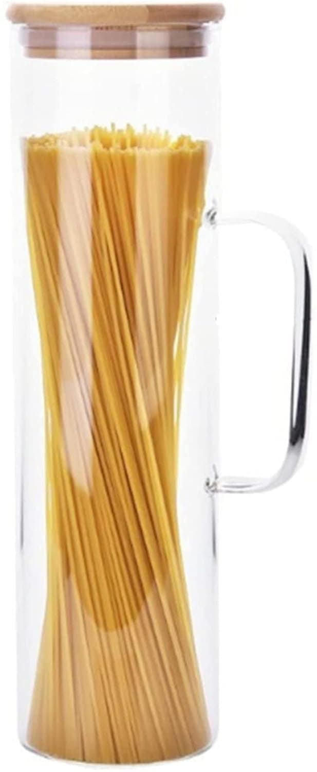 1500ml Glass Storage Jars with Wooden Lids & Handles - Airtight Spaghetti & Dry Food Containers for Kitchen/Pantry Organization (Set of 2, Transparent)