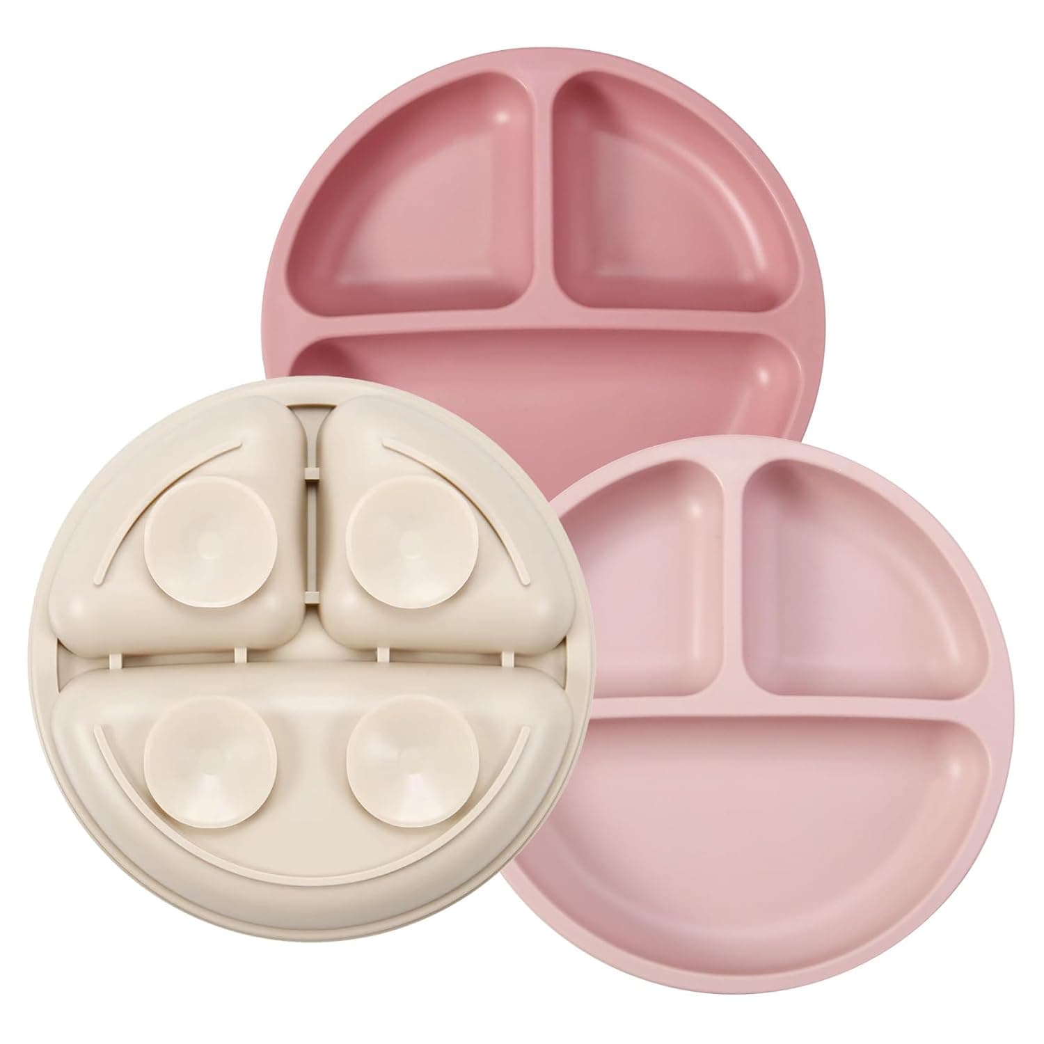 PandaEar 3 Pack Baby Plates with Suction, Silicone Divided Suction Plate for Toddlers, BPA-Free 100% Food-Grade Silicone Unbreakable Toddler Plates (Pink/Linen/Light Pink)