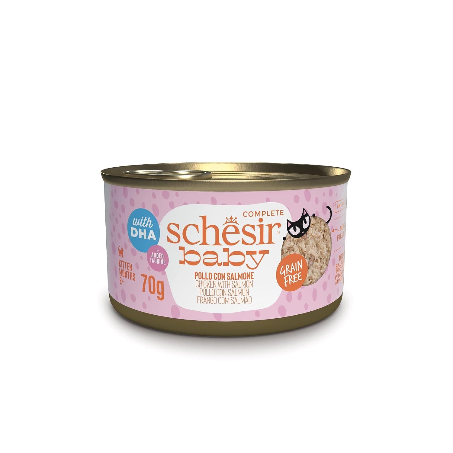 Schesir Baby, Chicken and Salmon Flavour, Complete Wet Food for Kittens with DHA and Taurine (12 tins 70 g)