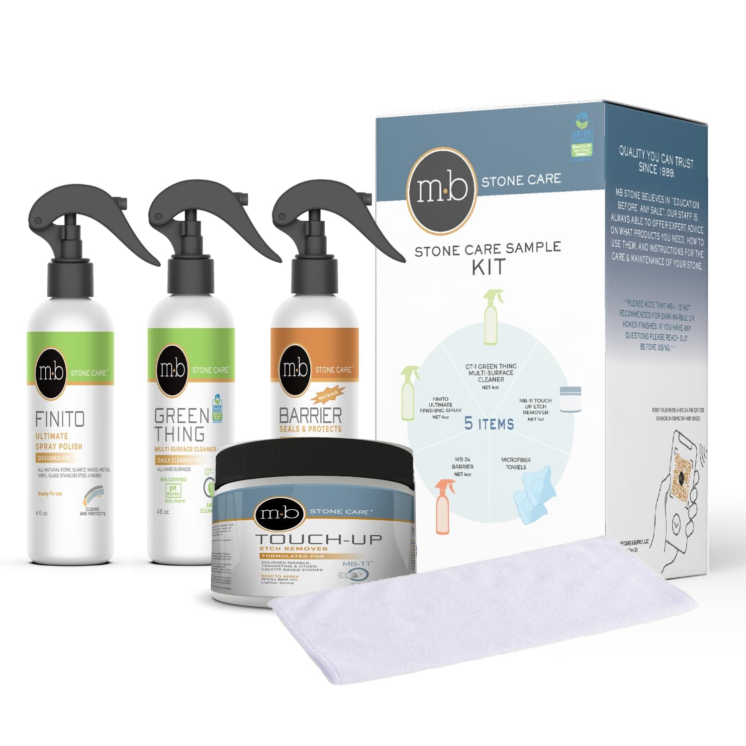 MB Stone Care Sample Kit - MB-11 Marble Etch Remover for Light to Neutral Colored Calcite Based Stone, GT-1 Green Thing, MB-24 Barrier Sealer, Finito Finishing Spray, Microfiber Towels