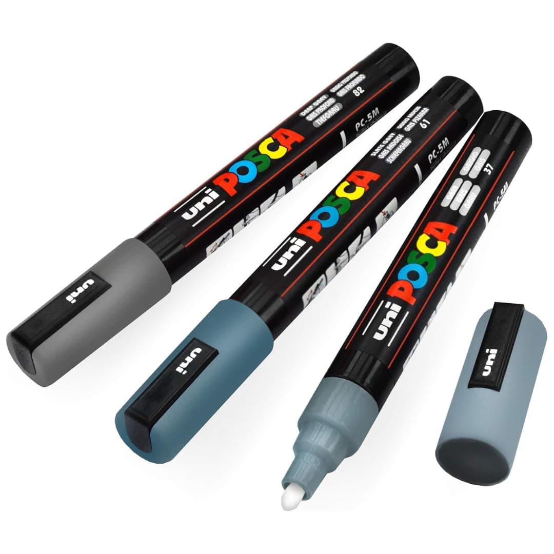 Posca Paint Marker Set of 3 Medium Grey Tones; 5M Markers with Reversible Tips Marker Set of Acrylic Paint Pens Pens for Art Supplies; Fabric Paint; Fabric Markers
