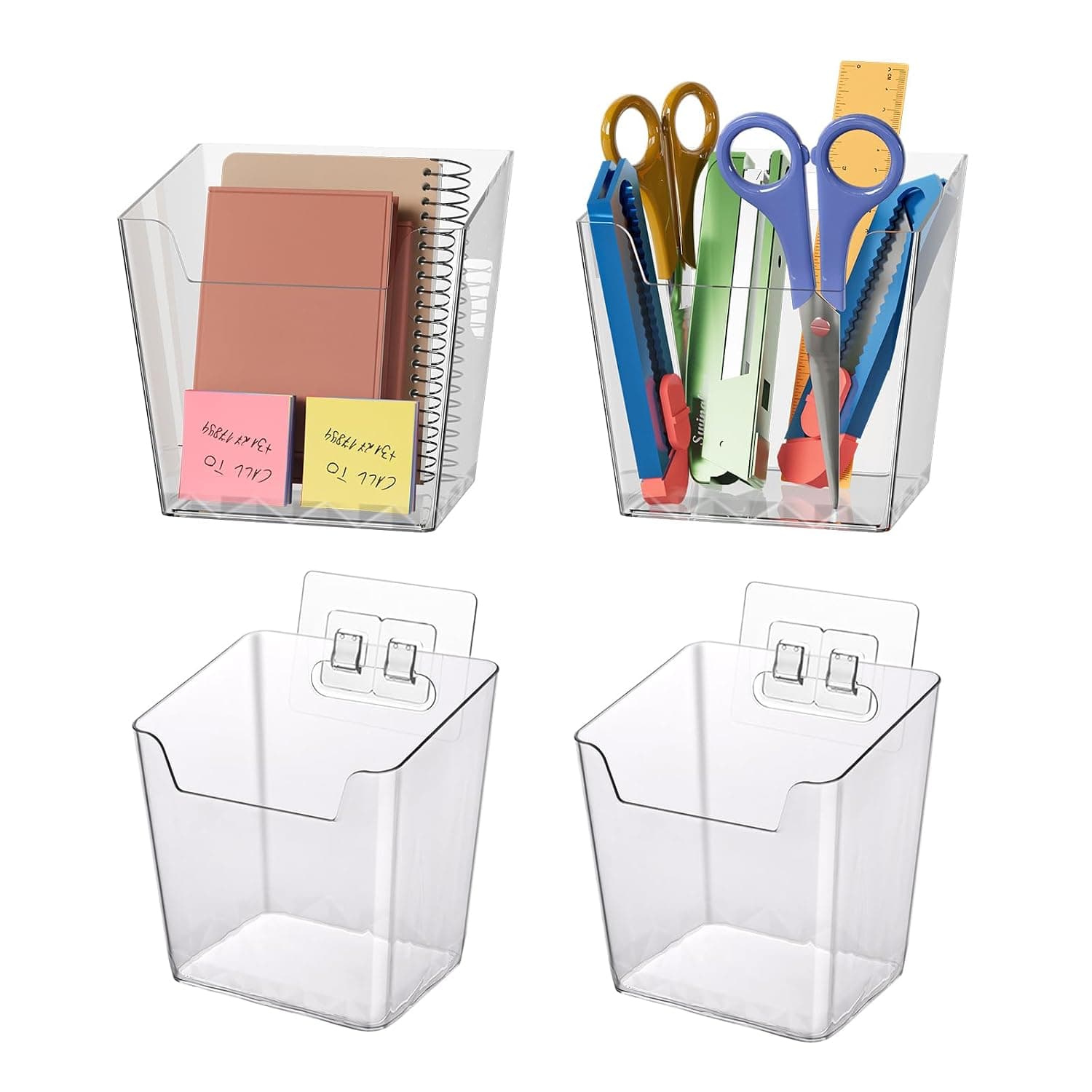 Clear Adhesive Wall Storage Bins, M Size 4 Pack Cabinet Door Organizer Holders, Hanging Wall Mount Pockets, Plastic Cups for Shower Bathroom Makeup Office Craft Remote Kitchen Sink RV Organization