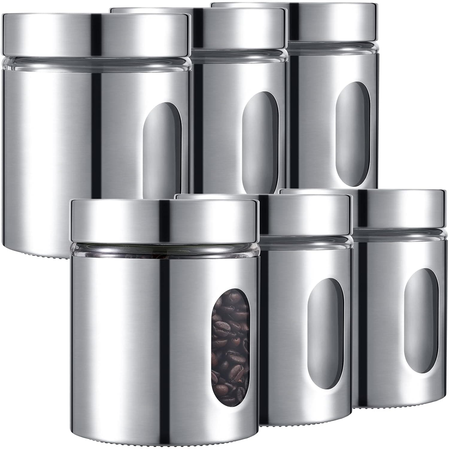 Mimorou 6 Pack 20 oz Airtight Stainless Steel Kitchen Canisters, Silver | Set Window Canister Jars, Coffee Tea Sugar, Quick Refill Check, Pantry Organization, Countertop Storage, Spice and Candy Jars