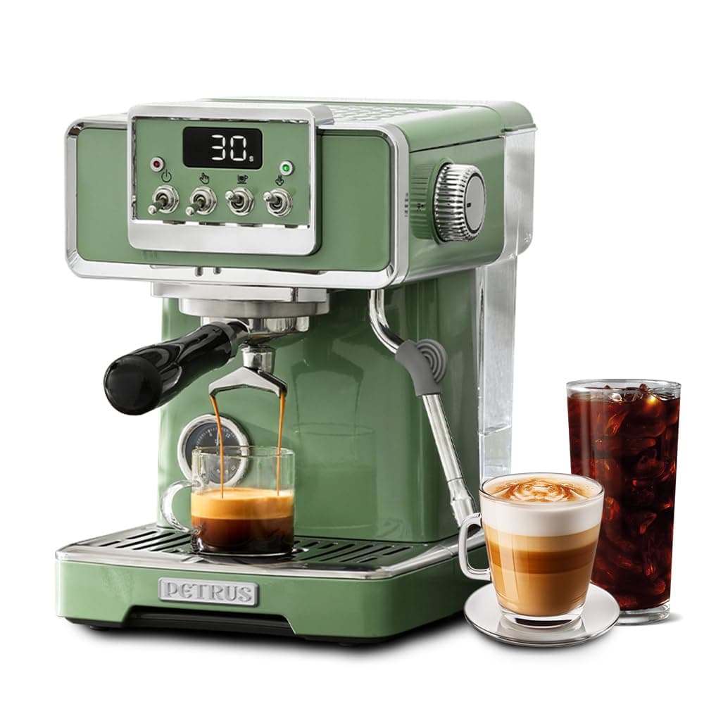Petrus 58mm Espresso Machine Professional 15 Bar Retro Espresso Coffee Maker with Powerful Milk Frother & Visible Pressure Gauge for Home Barista Latte and Cappuccino Maker-Green