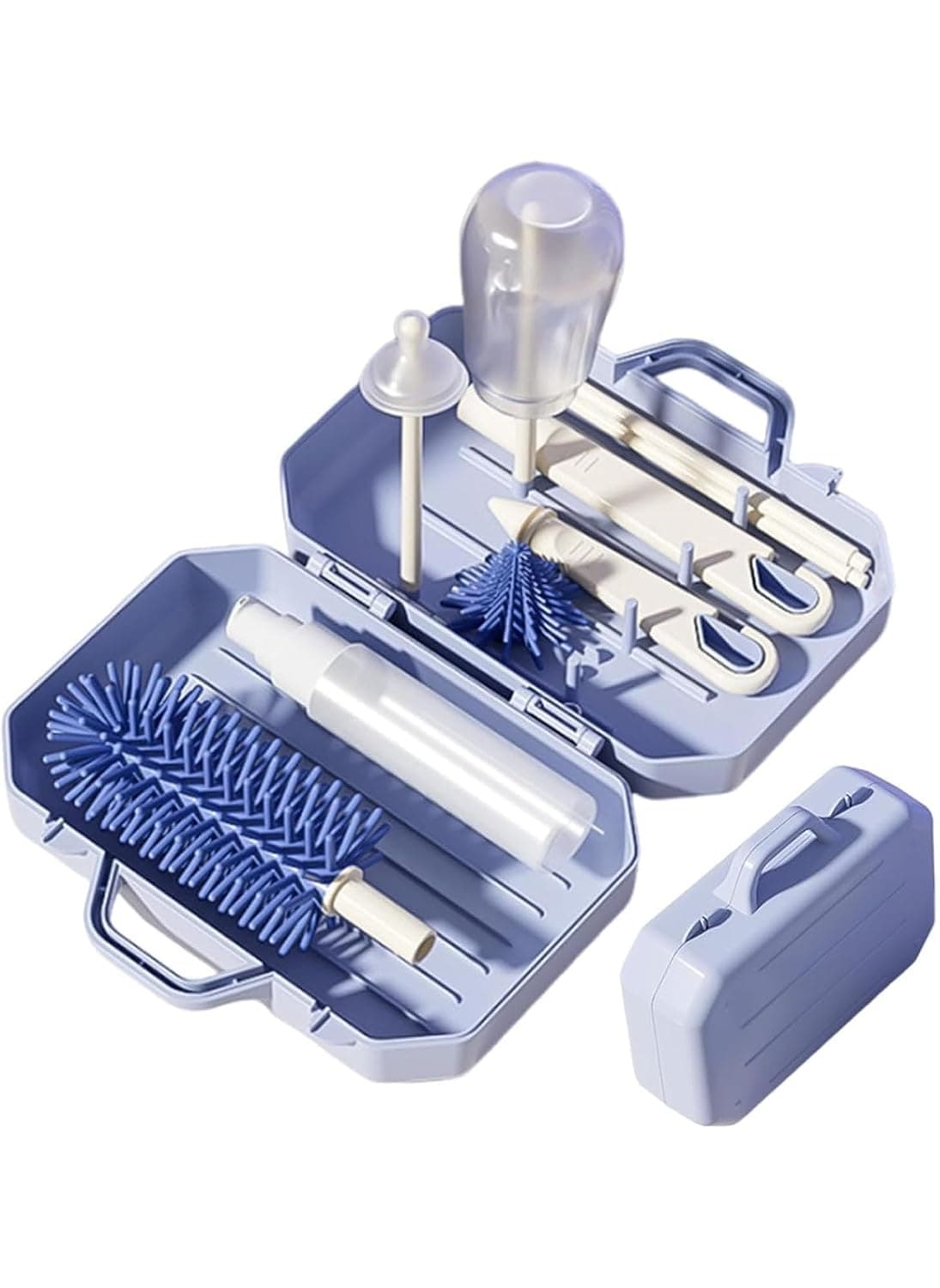 Baby Bottle Cleaner Kit, Portable Bottle Brush Set with Storage box for Travel, Soft Yet Durable Silicone Bristles for Scratch-Free Clean, Easy-Grip Handle with Drying Rack Inside (Blue)