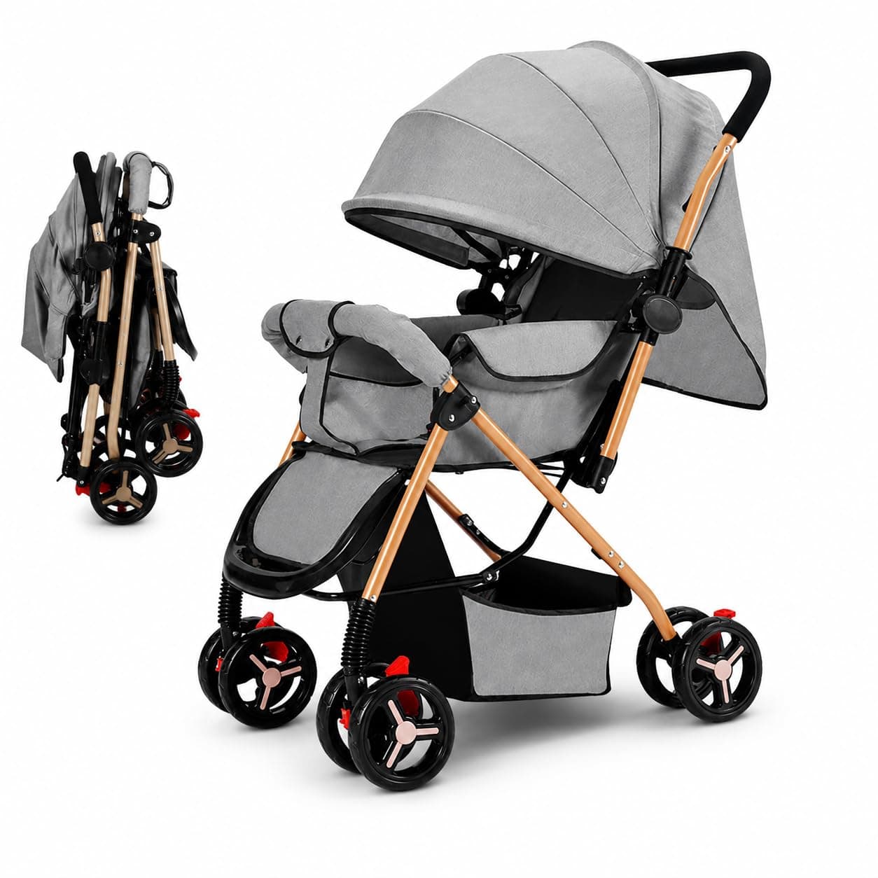 VINNYSEN Lightweight Stroller, Foldable Baby Stroller with Waterproof Canopy, with Cup Holder and Storage Basket, 0-36 Months Gray