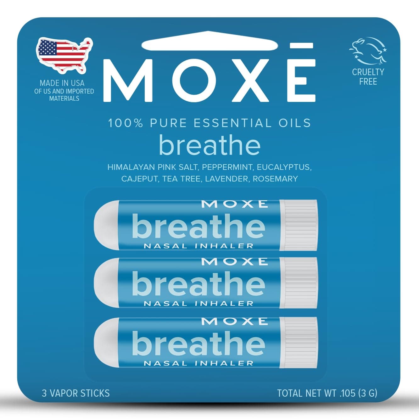 MOXE Breathe | Pink Himalayan Sea Salt Inhaler | Help Clear Congestion, Improve Breathing and Boost Focus | Aromatherapy Sinus Inhaler | Peppermint, Eucalyptus and Lavender Essential Oils (3 Pack)