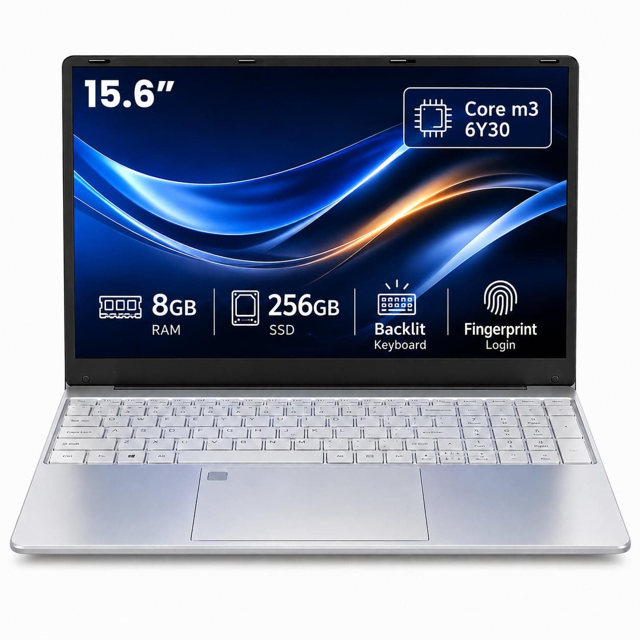 15.6" FHD Laptop, 8GB RAM 256GB SSD, Core M3-6Y30 Processor Win 11 Laptops with Fingerprint Reader, Backlit Keyboard, WiFi 5, USB3.0, Portable Thin Laptop for Students and Business