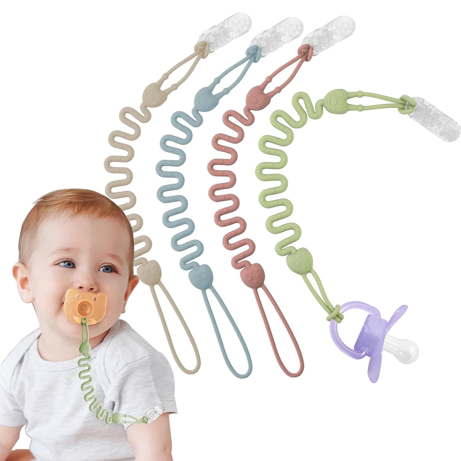 Pacifier Clips, SYOSI Silicone Pacifier Holder with One-Piece Beads for Baby Boys and Girls Teething and Newborns, Applies to Car Seat Toy, Teether Toy, High Chair, Stroller Accessories, 4 Pack