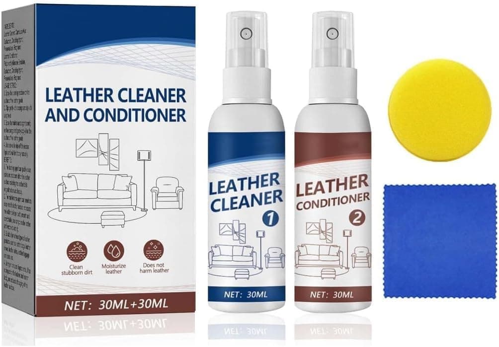 Tazweeq Leather Care Kit with 30ml Cleaner & 30ml Conditioner, Sponge & Towel Included, Help Prevent Cracking or Fading of Car Leather, Couches, Boots, Furniture, Purses and Shoes