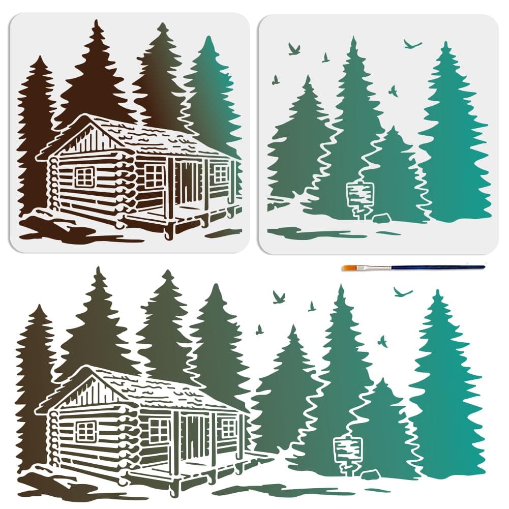 MAYJOYDIY 2pcs Forest Cabin Tree Stencil 22×11inch Splicing Style Forest Pine Cabin Stencil Nature Forest Landscape 11.8×11.8inch Drawing Template with Paint Brush for Art Crafts Canvas Furniture