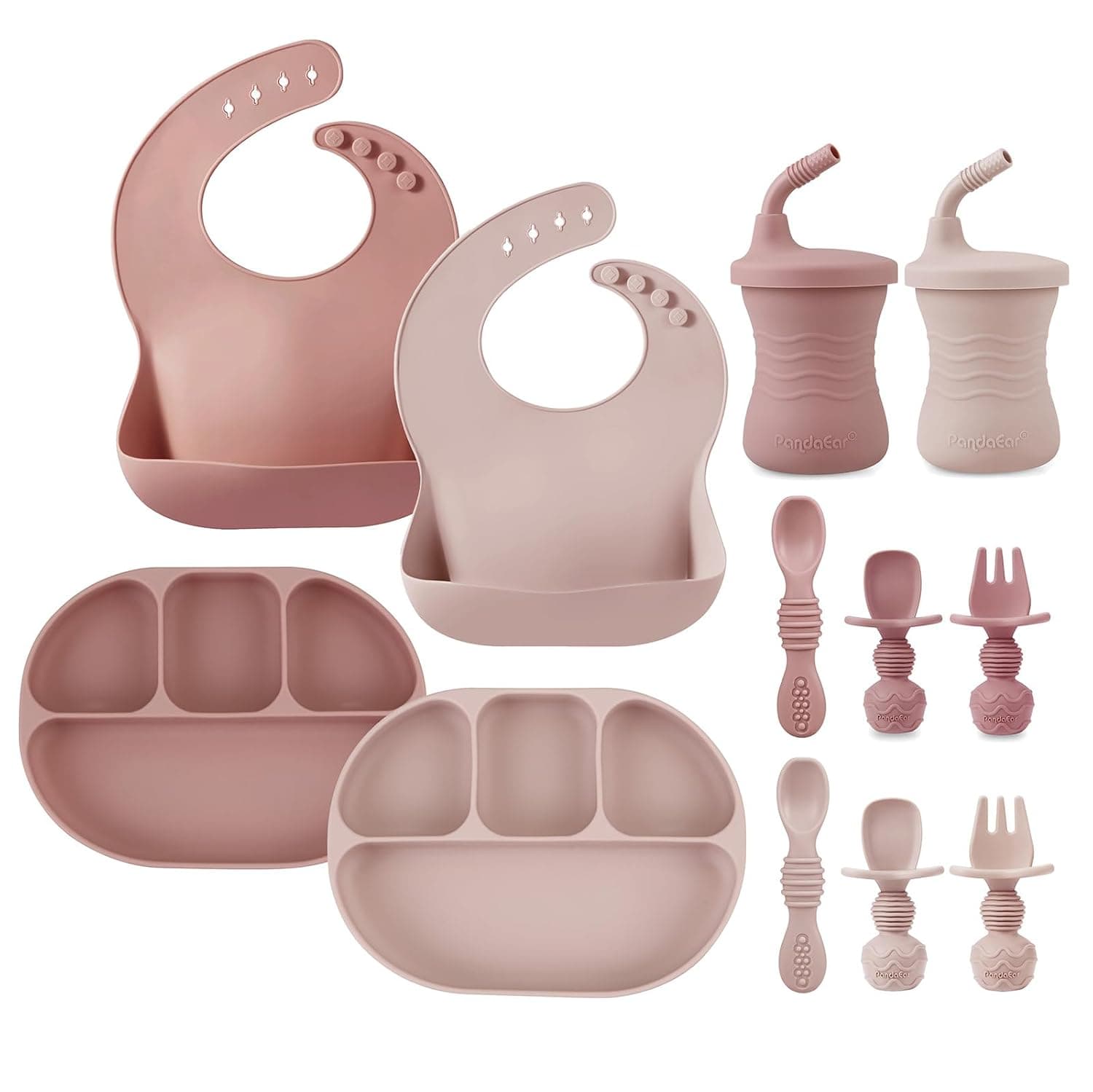 PandaEar 12PCS Baby Weaning Set| Silicone Baby Feeding Set | 2 Toddler Plates with Suction, 2 Silicone Baby Bibs, 2 Toddler Sippy Cups, 4 Baby Spoons & 2 Baby Forks for Self Feeding| Baby Eating Set | Toddler Self-Feeding Set with 2 Baby Suction Plate, 2 Baby Bibs, 2 Toddler Cup, 4 Baby Spoons & 2 Baby Forks, BPA Free