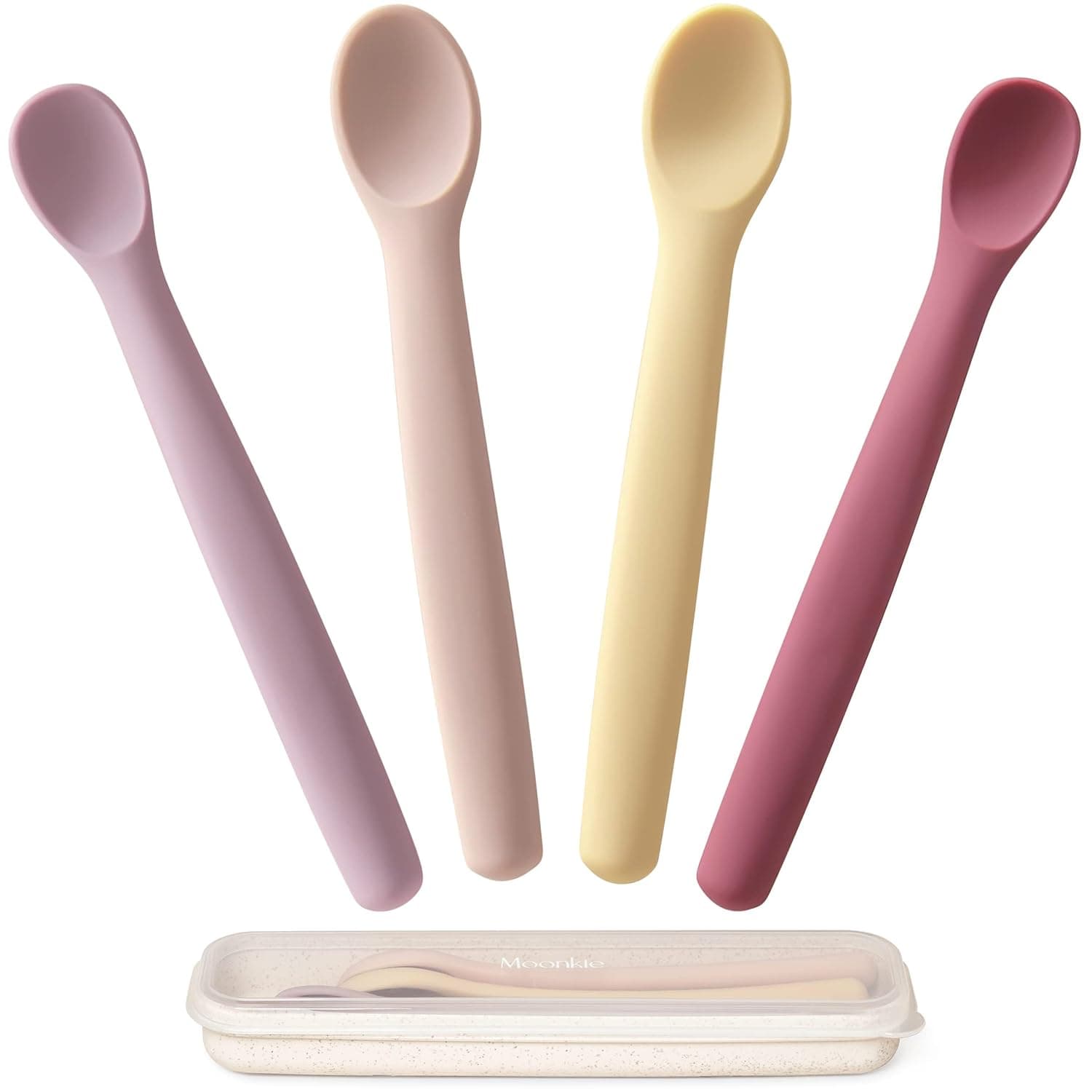 Moonkie Baby Spoons | 4 Pack Silicone First Tablespoon | Weaning Spoons for Toddler & Infant | Baby Educational Spoons | BPA Free | Soft & Flexible(Hallon/Lilac/Daffodil/Blush)