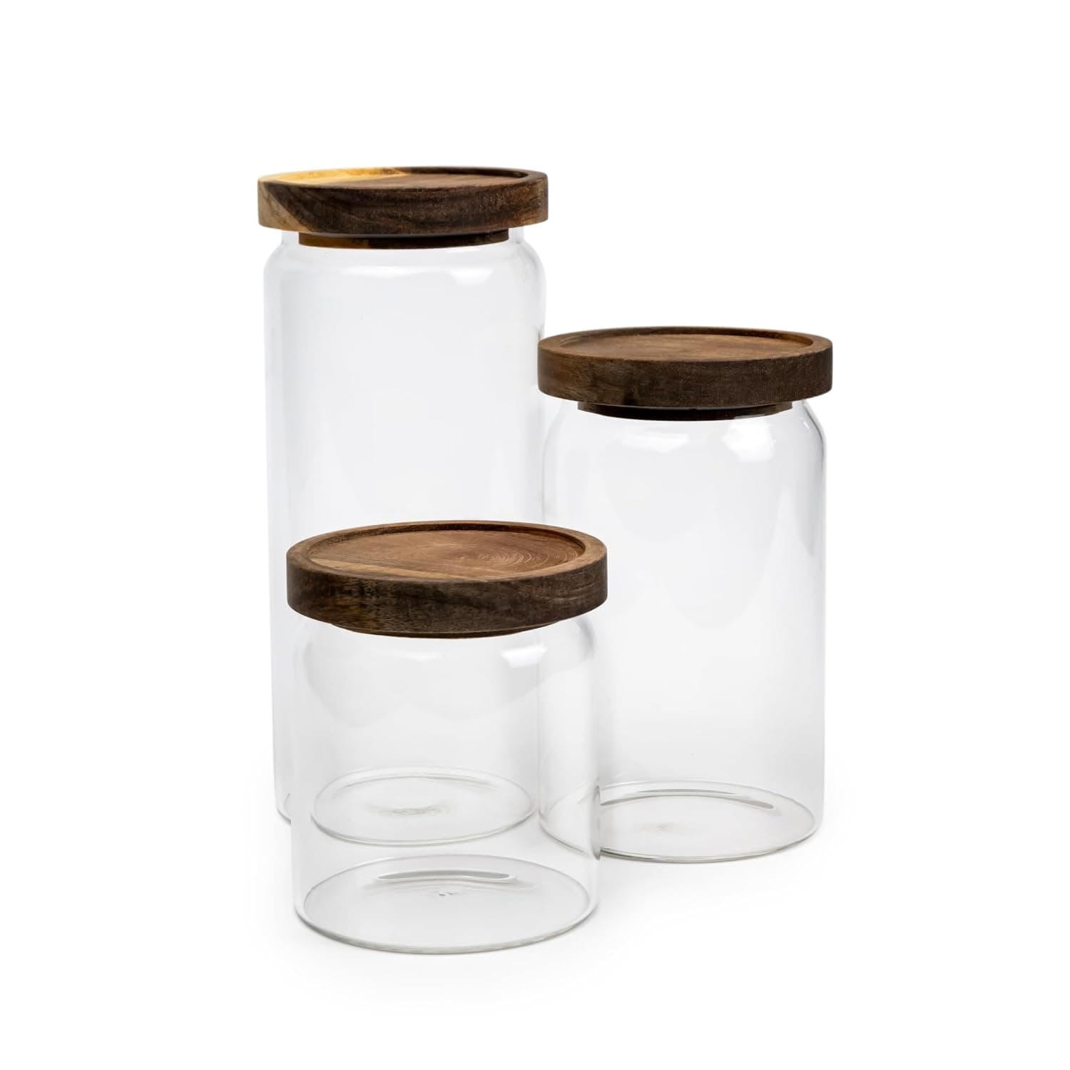 Cuisine Art Round Glass Storage Jars with Acacia Wood Lids -Set of 3 Transparent Borosilicate Airtight Glass Container, Stackable for Storing Kitchen Food, Grains, Coffee Beans, Tea 500+750+1000ml