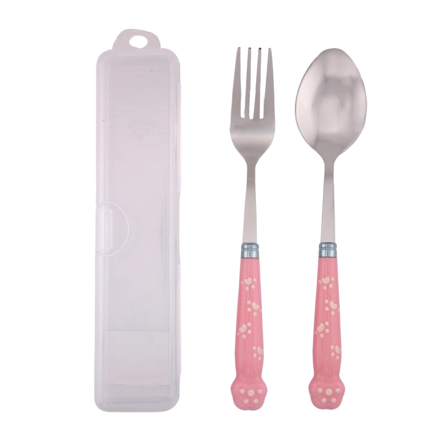 Kids Cutlery Set with Case |Round Edge Stainless Steel Kids Cutlery BPA Free Handles| Spoon & Fork Cutlery Set for Lunch Box|Paw Engraved Children Tableware with Portable Case (Pink)