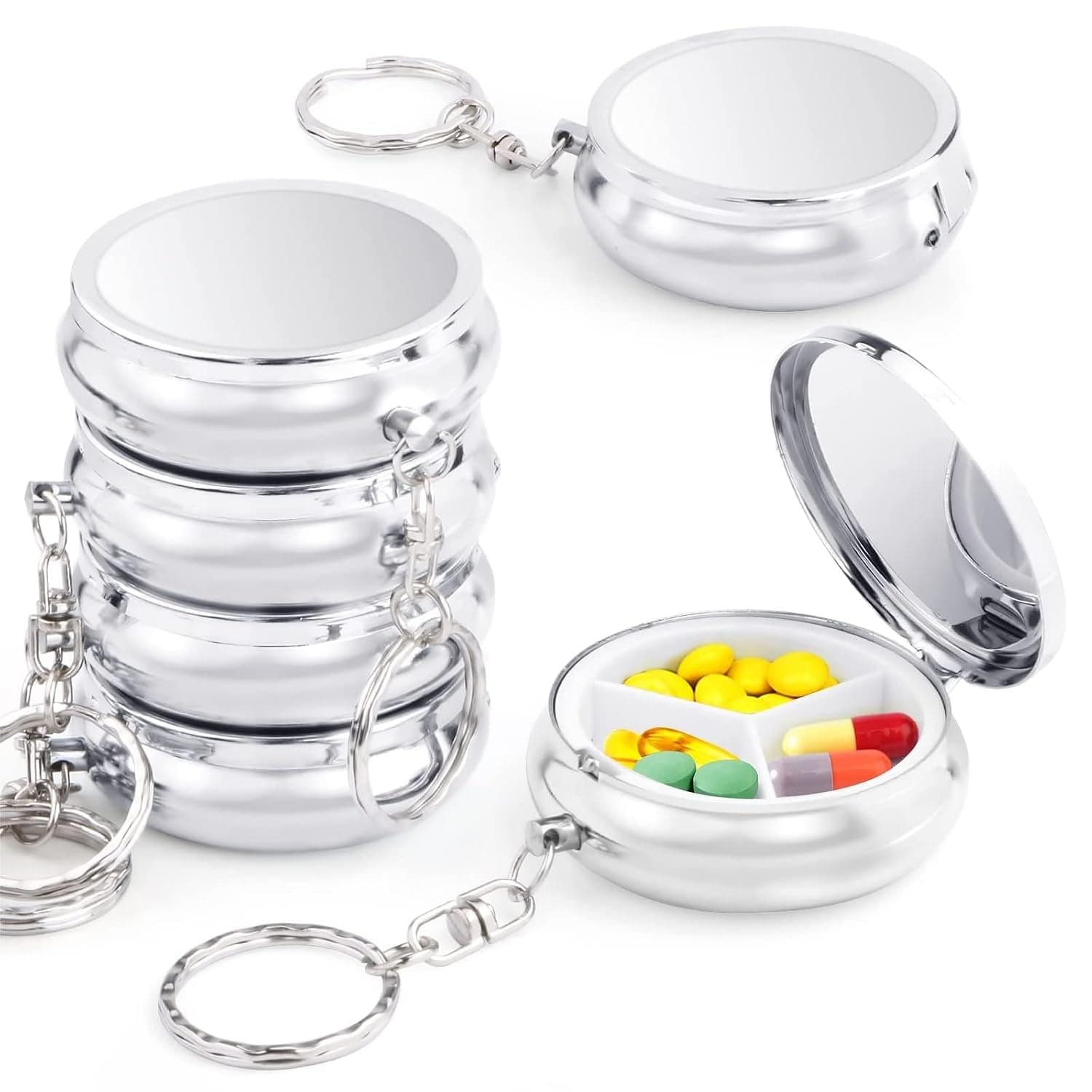6Pack Mini Pill Case, Metal Pill Case Round Medicine Holder Container with Keychain, Protable Drug Tablet Organizer Box with 3 Compartments for Medicine, Supplement, Vitamin, Fish Oils