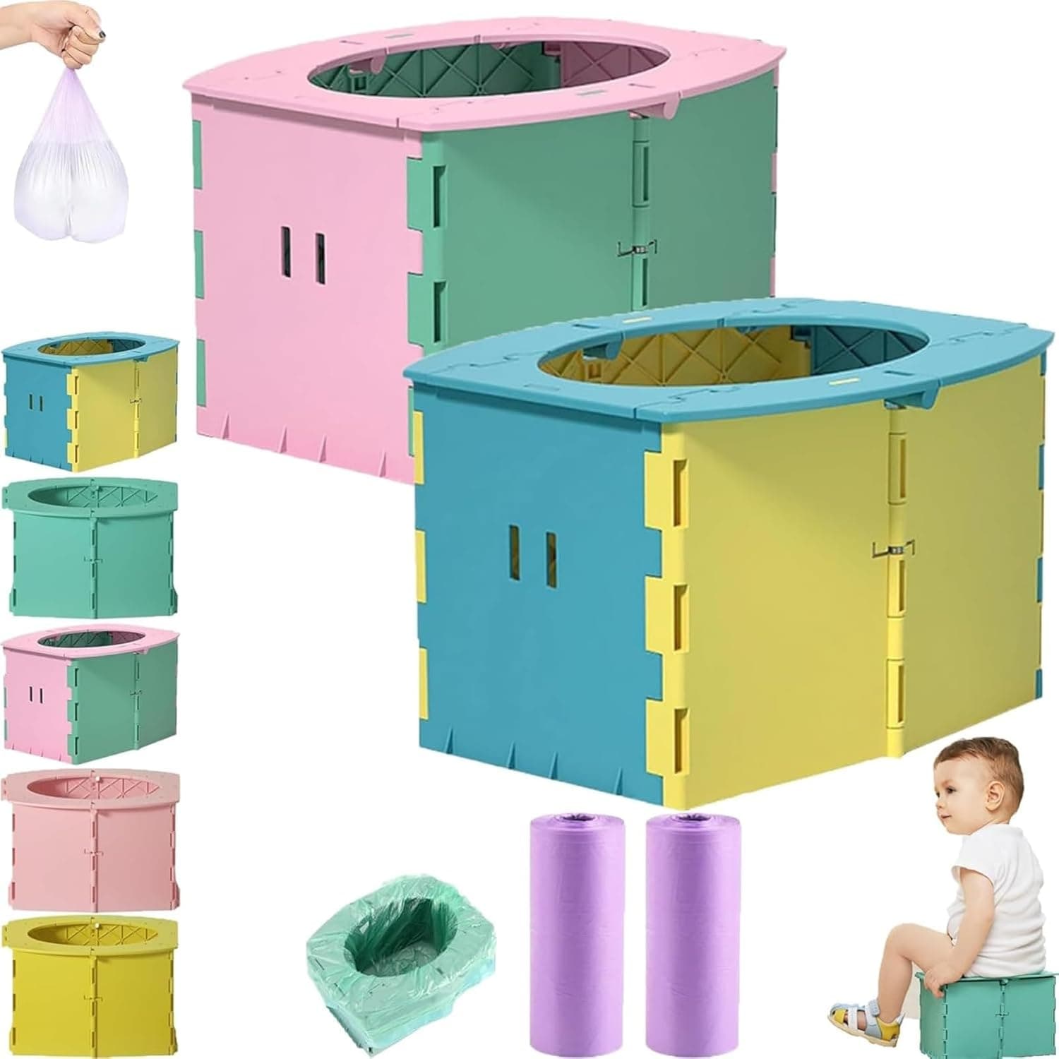Baby Travel Potty, 2025 Upgraded Reusable Portable Folding pal for Toddler with Disposable Bags, for Kids, Ideal for Car, Camping, Outdoor and Indoor Use (2Pcs-AB)