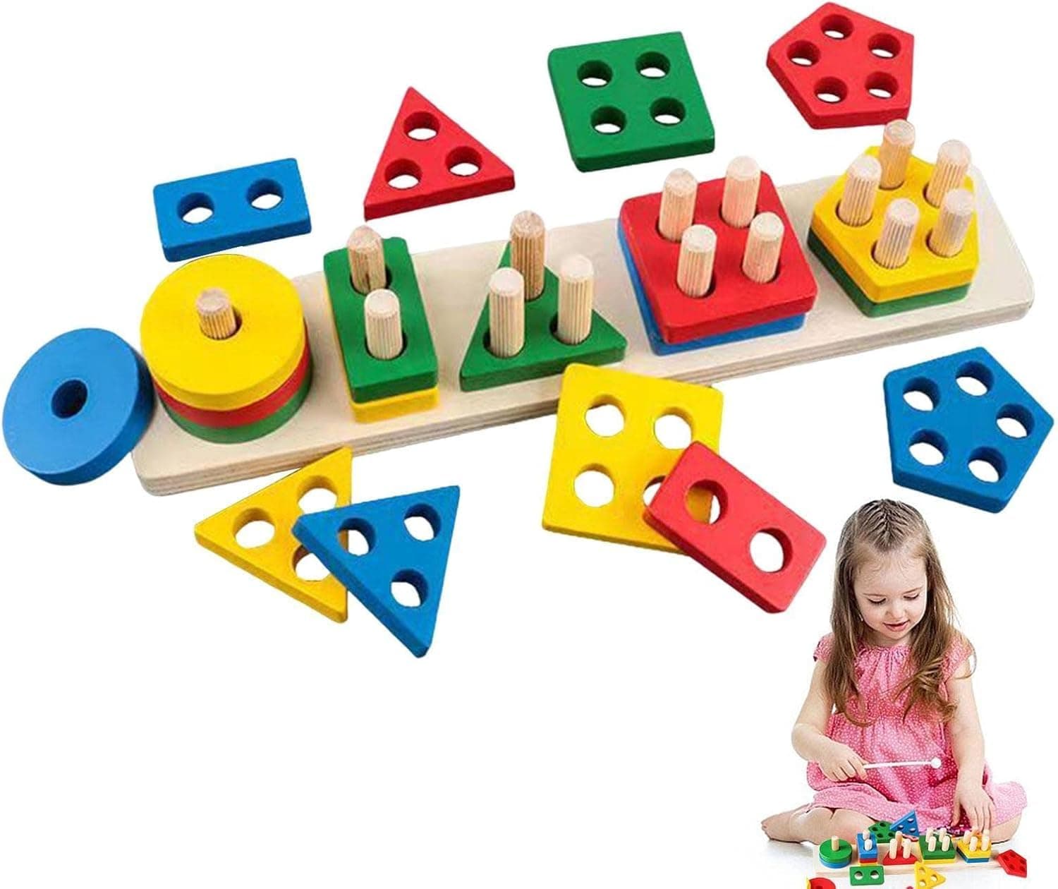 SKY-TOUCH Wooden Sorting & Stacking Toy, Geometric Shape and Color Recognition Puzzle with Lacing String, Educational Learning Game for Toddlers, Multi-Color, 11.4x2.6 inches