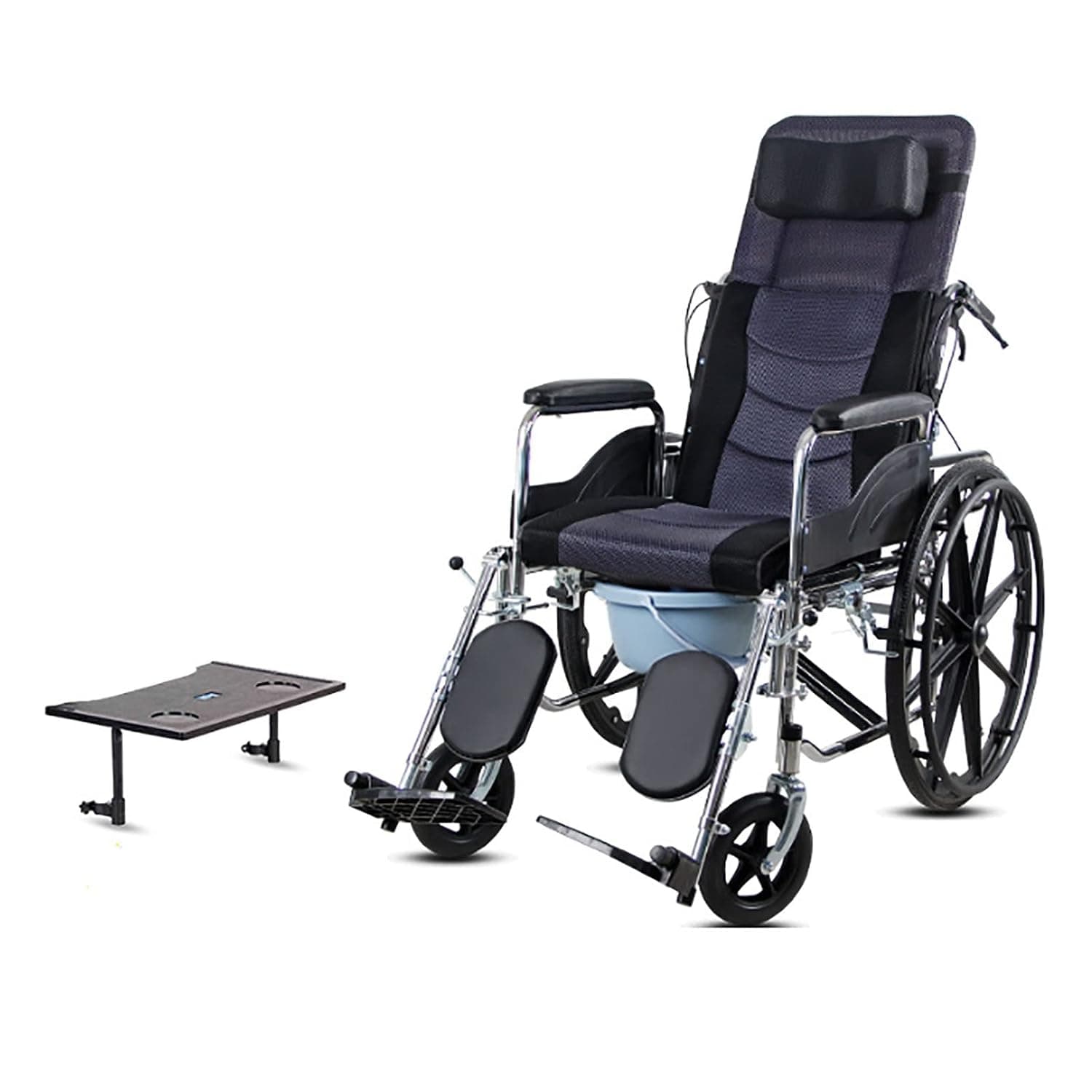 Lightweight Aluminium Wheelchair, Reclining Wheelchair Multifunctional Fully Reclining Flat with Commode and Dining Table