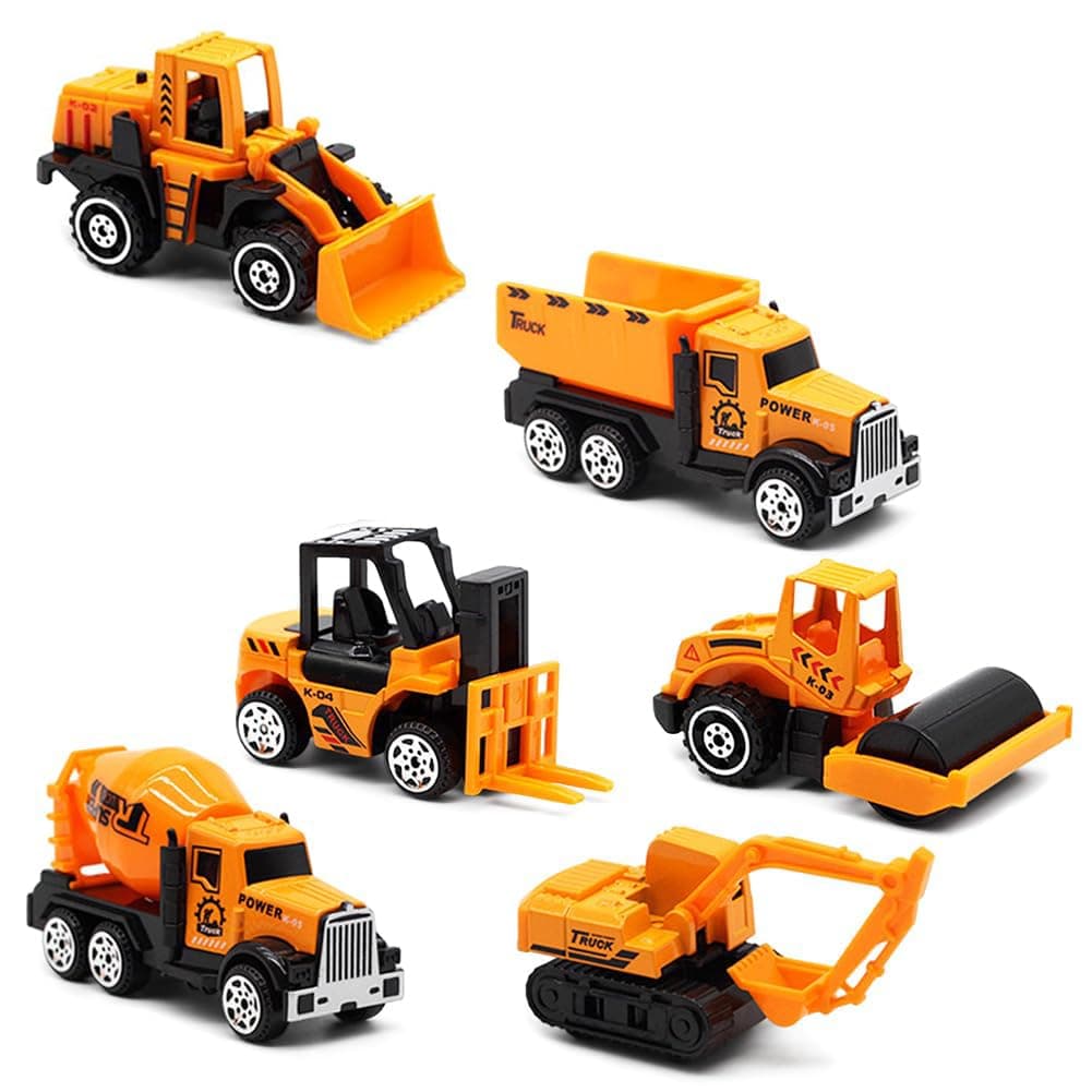 Engineering Vehicles Set, 6 PCS Construction Truck Toy Set, Diecast Metal Mini Cars for Kids, Excavator, Bulldozer, Crane, Mixer, Scraper, Durable Alloy Vehicles for Playtime and Birthday Gifts