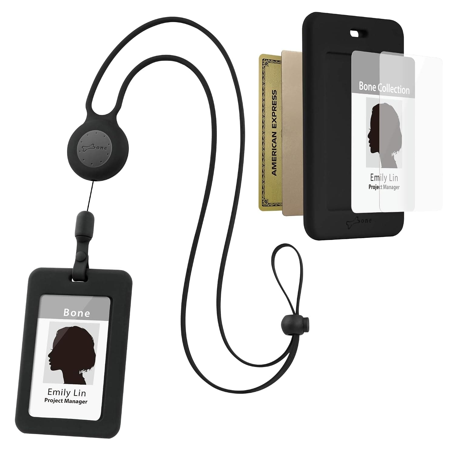 BONE Lanyard Retractable Badge Holder, Vertical ID Card Case with Card Slot & Anti-Slip Design, Large Storage Capacity, Adjustable Silicone Neck Strap with Retractable Cord (Black - Vertical)