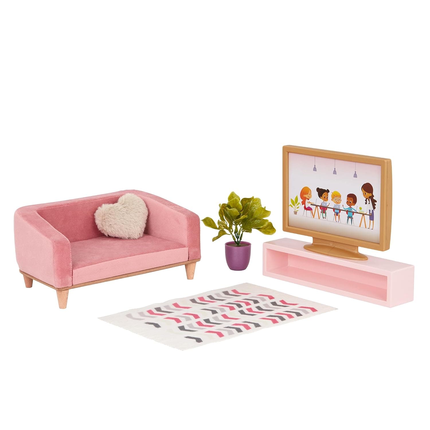 Our Generation Lovely Living Room Set, Furniture for 46 cm Dolls | 6 Piece Set with Sofa, TV with Stand, Carpet, Plant and Cushion, Dollhouse or Alone, 3 Years and +