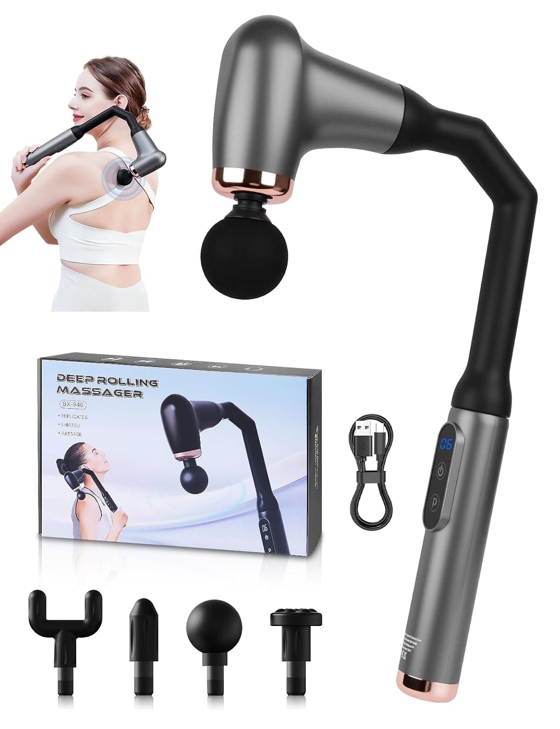 Massage Gun Deep Tissue Massager with Upgraded Extension Handle,Back Massager for Pain Relief Deep Tissue,Neck/Shoulders/Waist/Legs Massager with 4 Massage Heads & 6 Speed & 3 Massage Modes