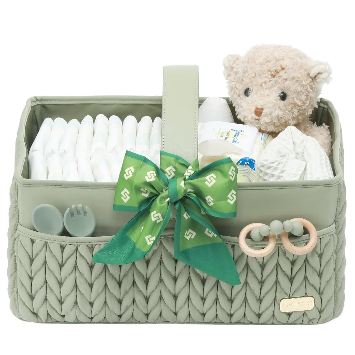 Baby Diaper Caddy, Nursery Storage Basket, Travel Organiser Tote Bag for Nappies and Wipes, Baby Shower Gift (Sage Green)