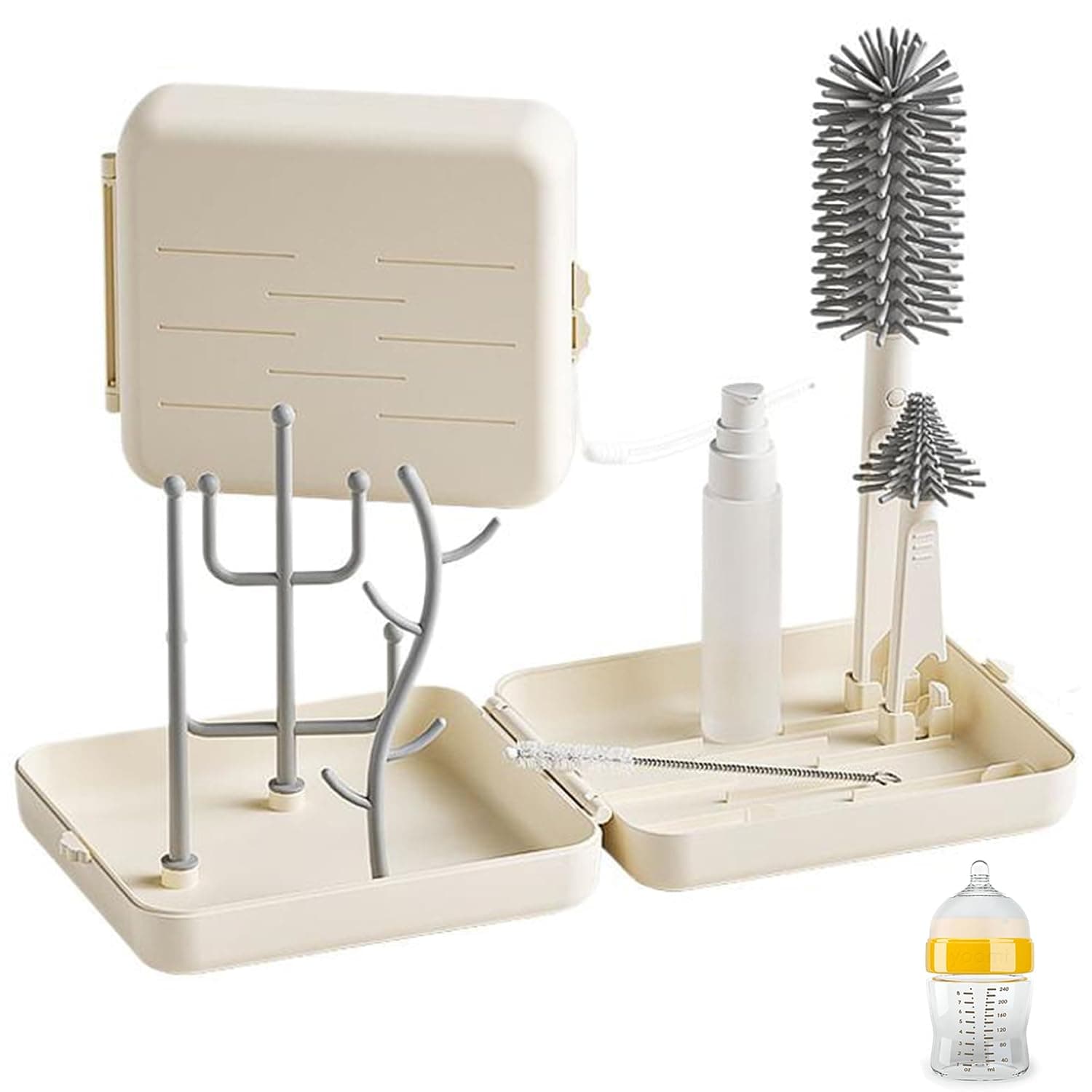 Baby Bottle Travel Brush Set, Portable Cleaning Kit with Silicone Brush, for Bottle and,Straw, Soap Dispenser, and Drying Rack - Ideal for Home and Travel (White)
